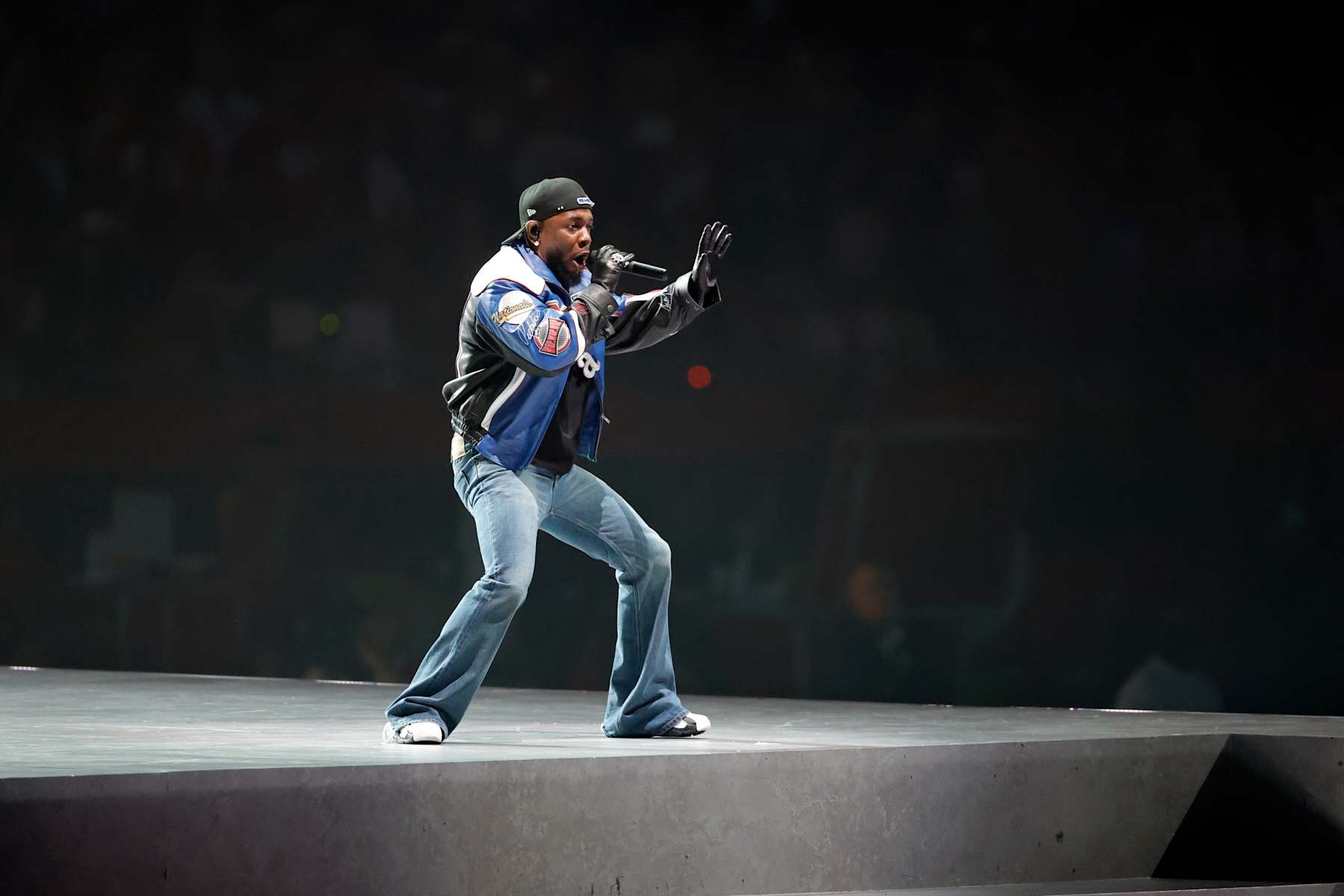 NEW ORLEANS, LA - FEBRUARY 09: Kendrick Lamar performs for the Apple Music Super Bowl LIX Halftime Show on February 09, 2025, at the Caesars Superdome in New Orleans, LA.  (Photo by Bob Kupbens/Icon Sportswire via Getty Images)
