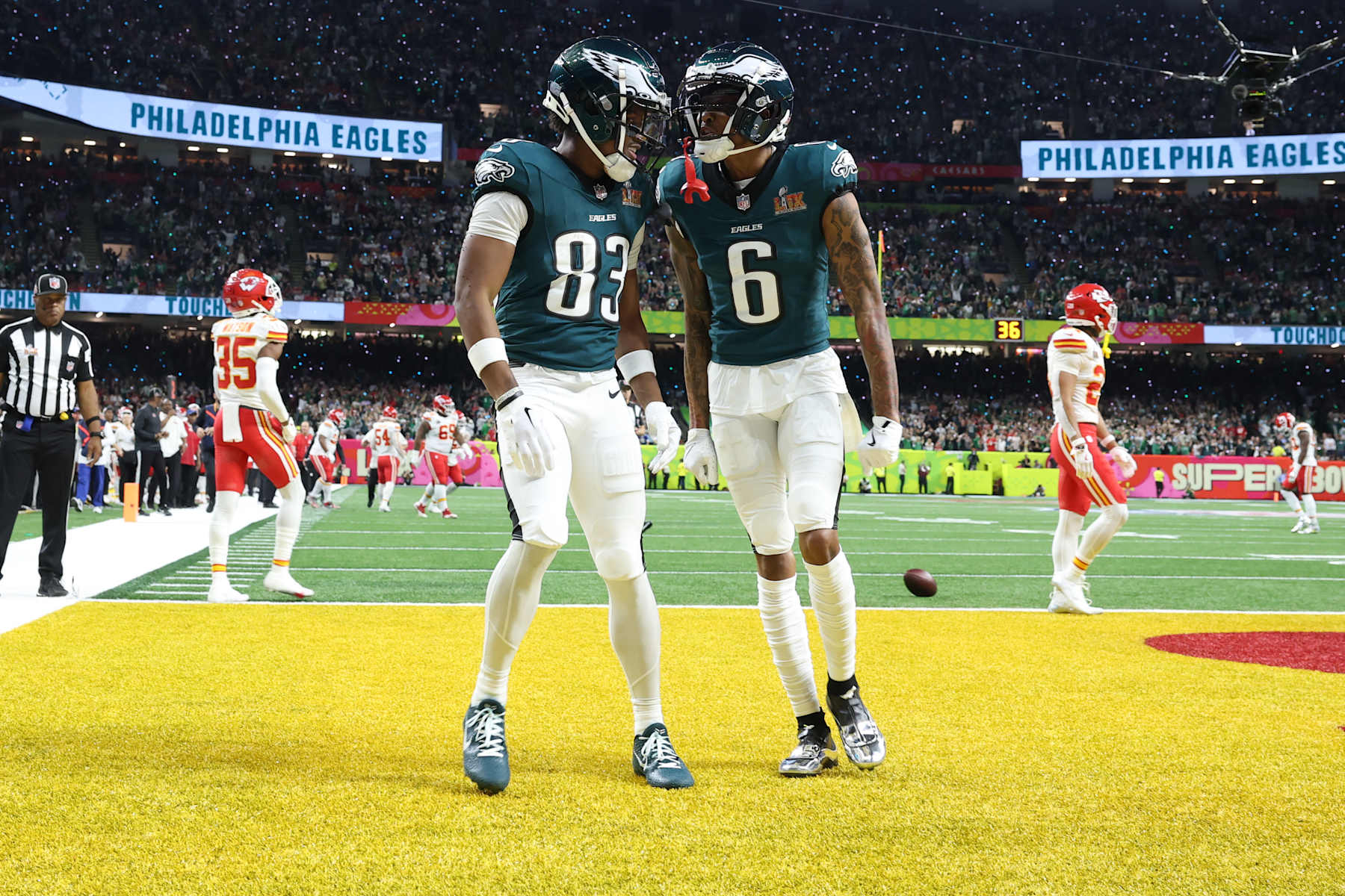 NEW ORLEANS, LOUISIANA - FEBRUARY 09: Ainias Smith #82 and DeVonta Smith #6 of the Philadelphia Eagles celebrate after a play in the first quarter against the Kansas City Chiefs during Super Bowl LIX at Caesars Superdome on February 09, 2025 in New Orleans, Louisiana. (Photo by Jamie Squire/Getty Images)