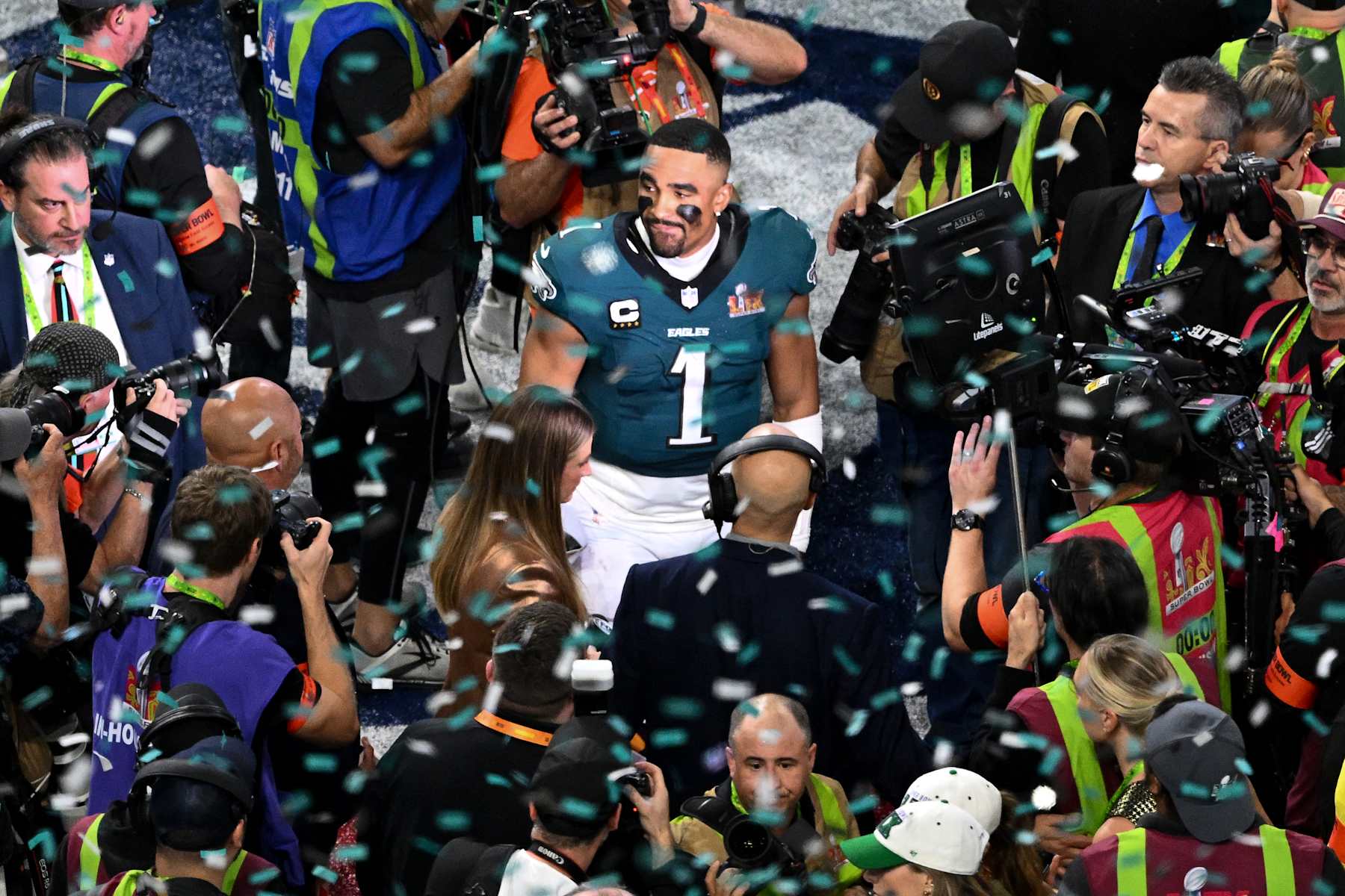 Philadelphia Eagles' quarterback #01 Jalen Hurts looks on after the Philadelphia Eagles won Super Bowl LIX against the Kansas City Chiefs at Caesars Superdome in New Orleans, Louisiana, February 9, 2025. (Photo by Chandan Khanna / AFP) (Photo by CHANDAN KHANNA/AFP via Getty Images)