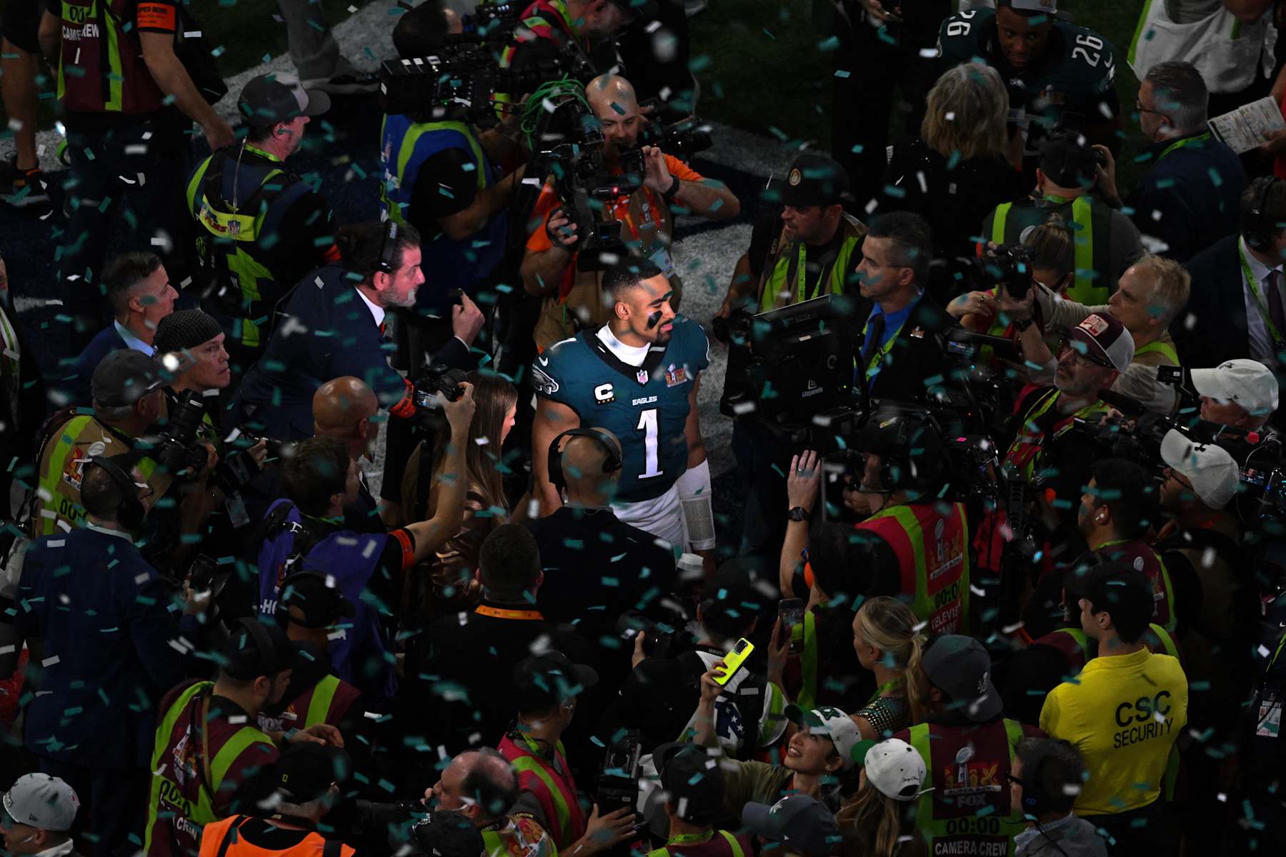 Philadelphia Eagles' quarterback #01 Jalen Hurts does a television interview at the end of Super Bowl LIX, after the Philadelphia Eagles defeated the Kansas City Chiefs 40-22 at Caesars Superdome in New Orleans, Louisiana, February 9, 2025. (Photo by Chandan Khanna / AFP) (Photo by CHANDAN KHANNA/AFP via Getty Images)          