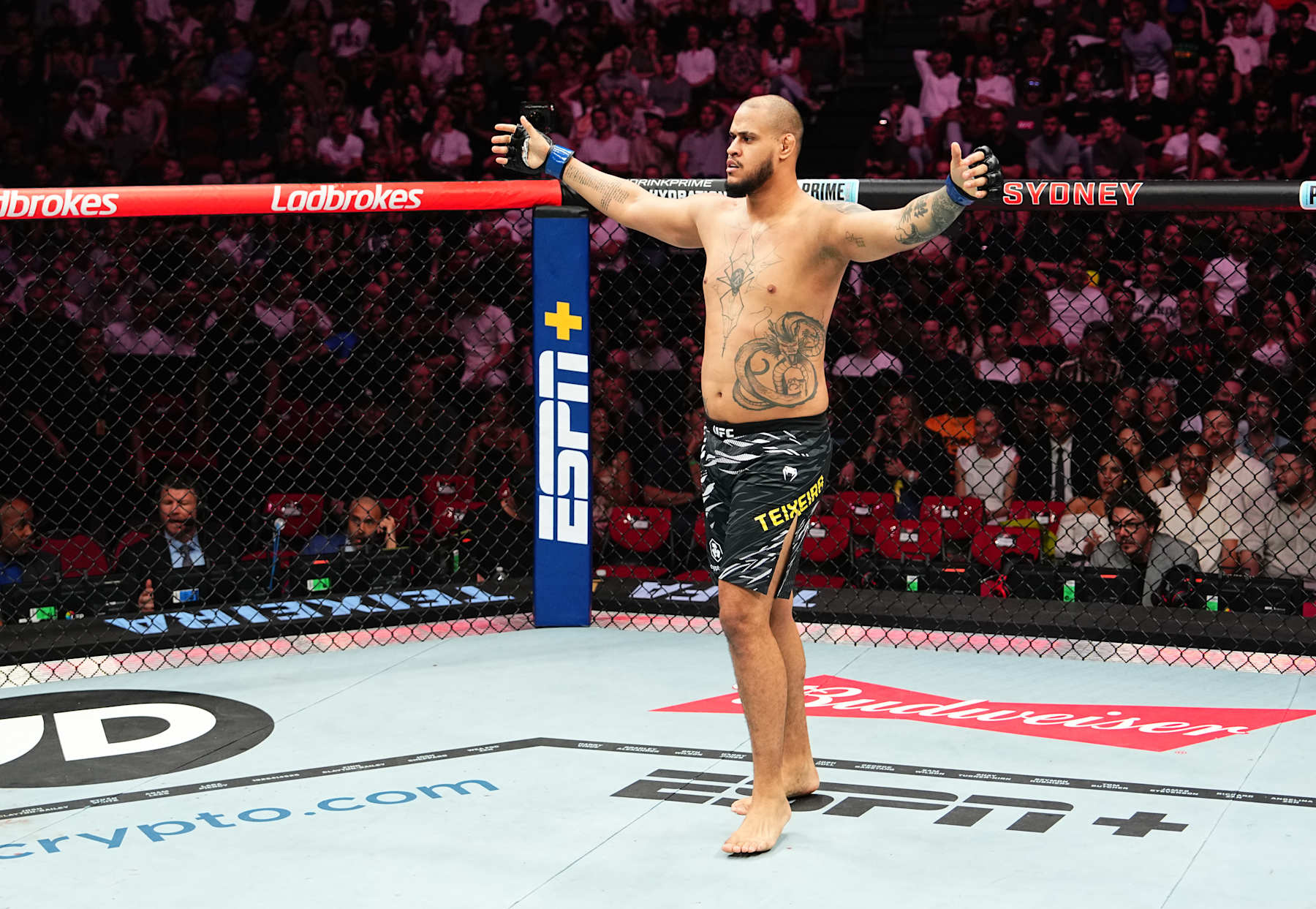 Tallison Teixeira reacts after a knockout victory against Justin Tafa
