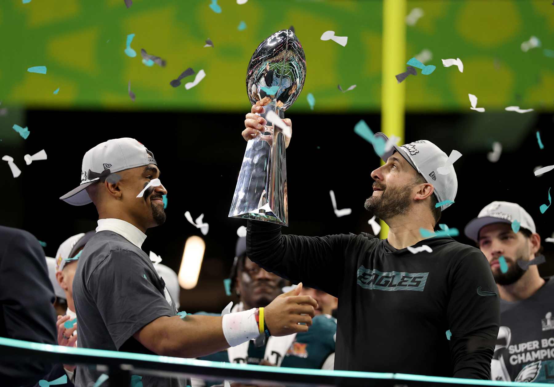 NEW ORLEANS, LOUISIANA - FEBRUARY 09: Head coach Nick Sirianni of the Philadelphia Eagles celebrates with the Vince Lombardi Trophy after beating the Kansas City Chiefs 40-22 to win Super Bowl LIX at Caesars Superdome on February 09, 2025 in New Orleans, Louisiana. (Photo by Jamie Squire/Getty Images)