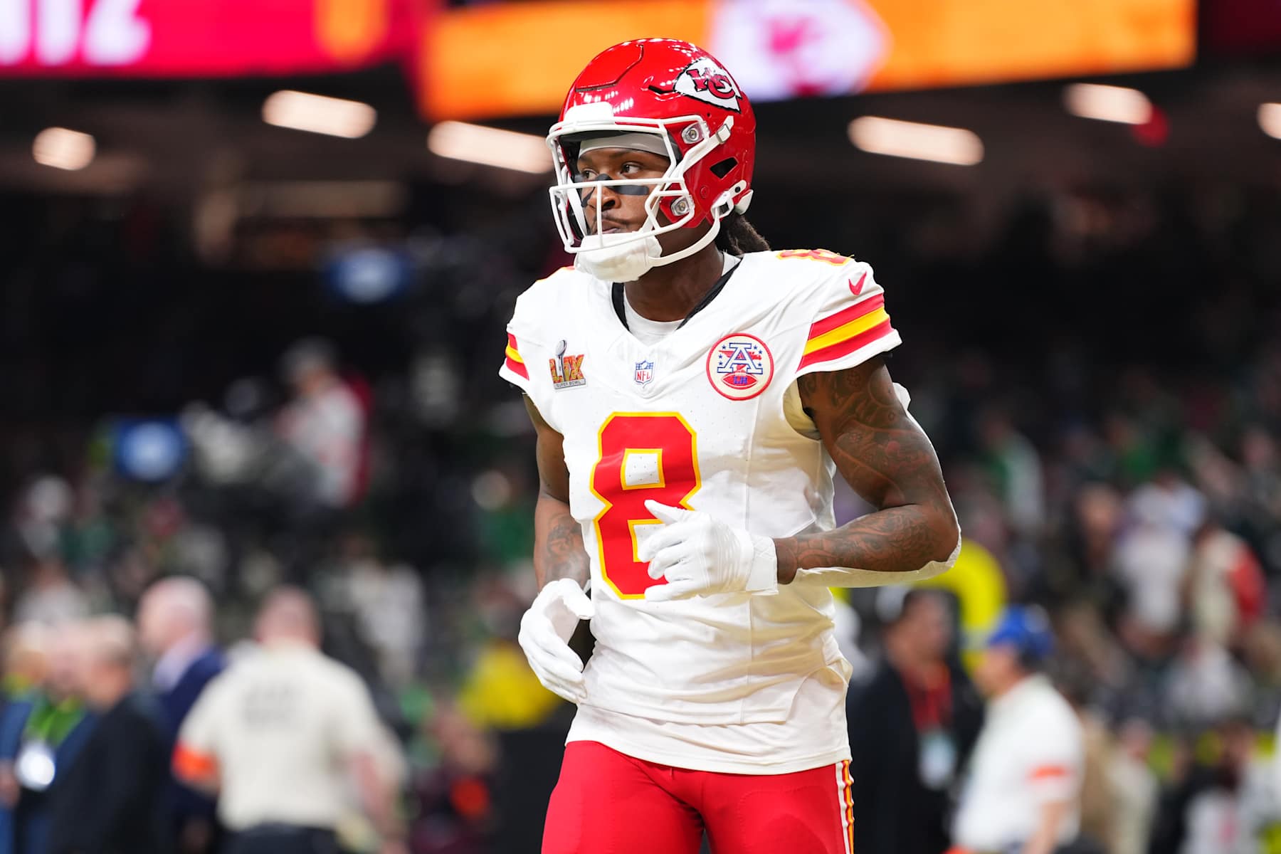 NEW ORLEANS, LA - FEBRUARY 09: DeAndre Hopkins #8 of the Kansas City Chiefs warms up prior to Super Bowl LIX against the Philadelphia Eagles at Caesars Superdome on February 9, 2025 in New Orleans, Louisiana. (Photo by Cooper Neill/Getty Images)
