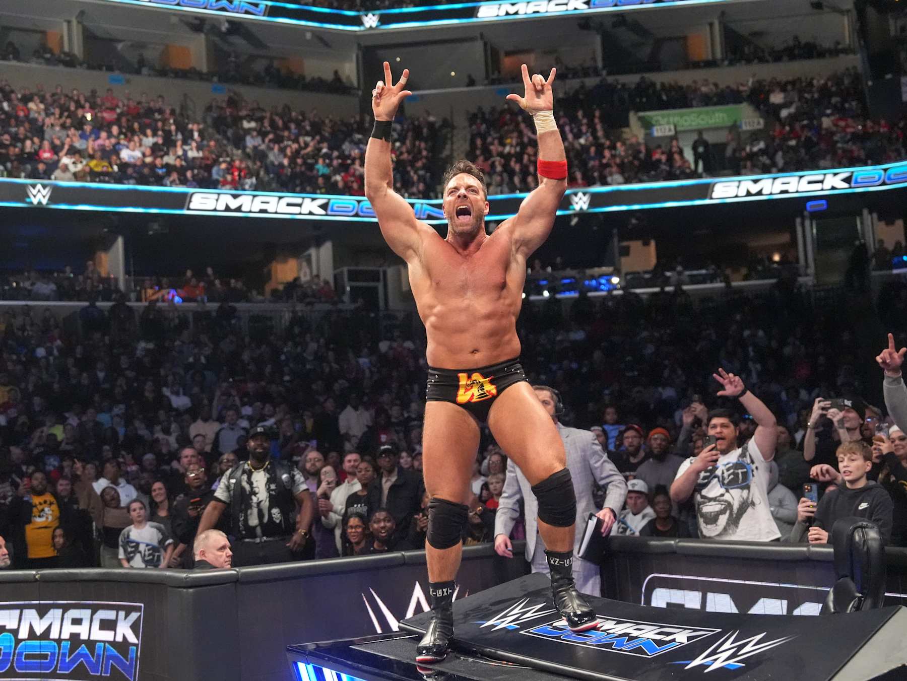 MEMPHIS, TENNESSEE - FEBRUARY 7: LA Knight fires up the crowd during SmackDown at FedExForum on February 7, 2025 in Memphis, Tennessee. (Photo by Craig Melvin/WWE via Getty Images)