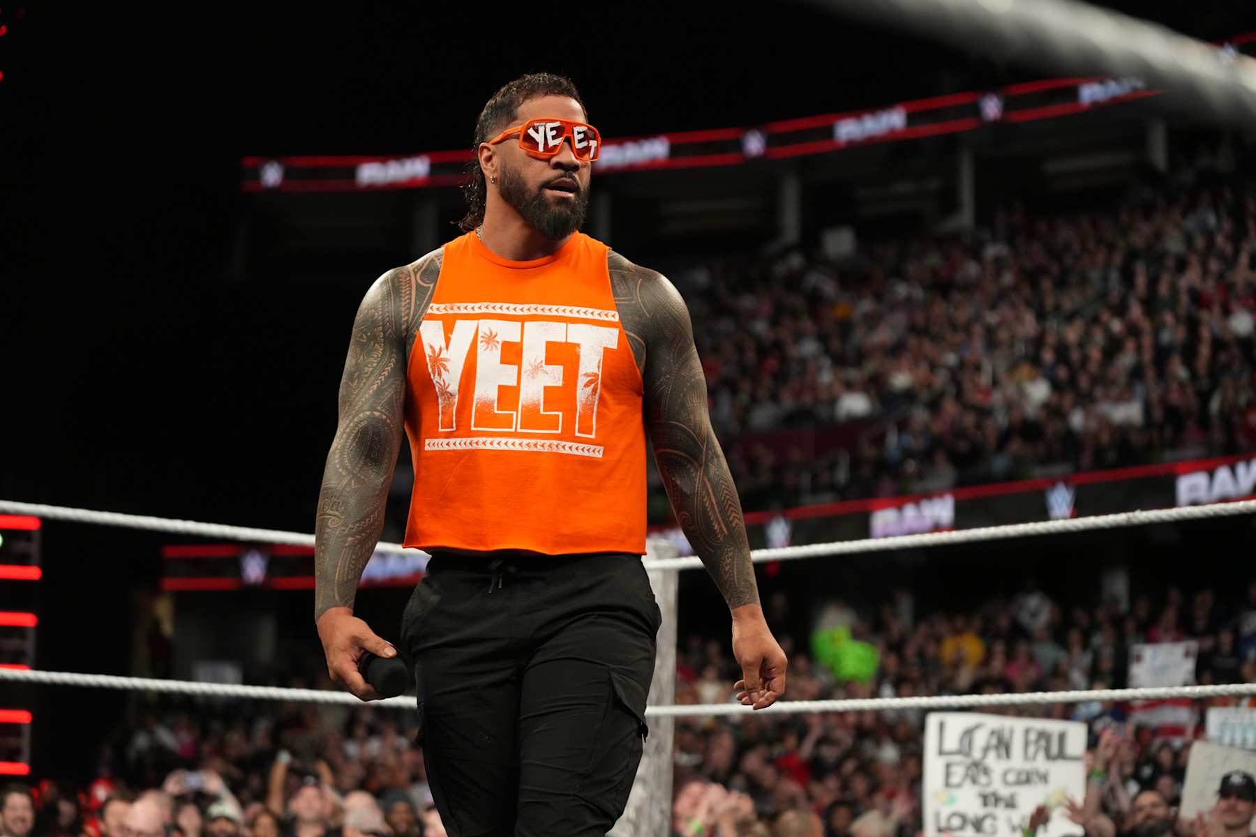CLEVELAND, OHIO - FEBRUARY 3: Jey Uso makes his entrance during Monday Night RAW at Rocket Mortgage Fieldhouse on February 3, 2025 in Cleveland, Ohio. (Photo by Rich Wade/WWE via Getty Images)