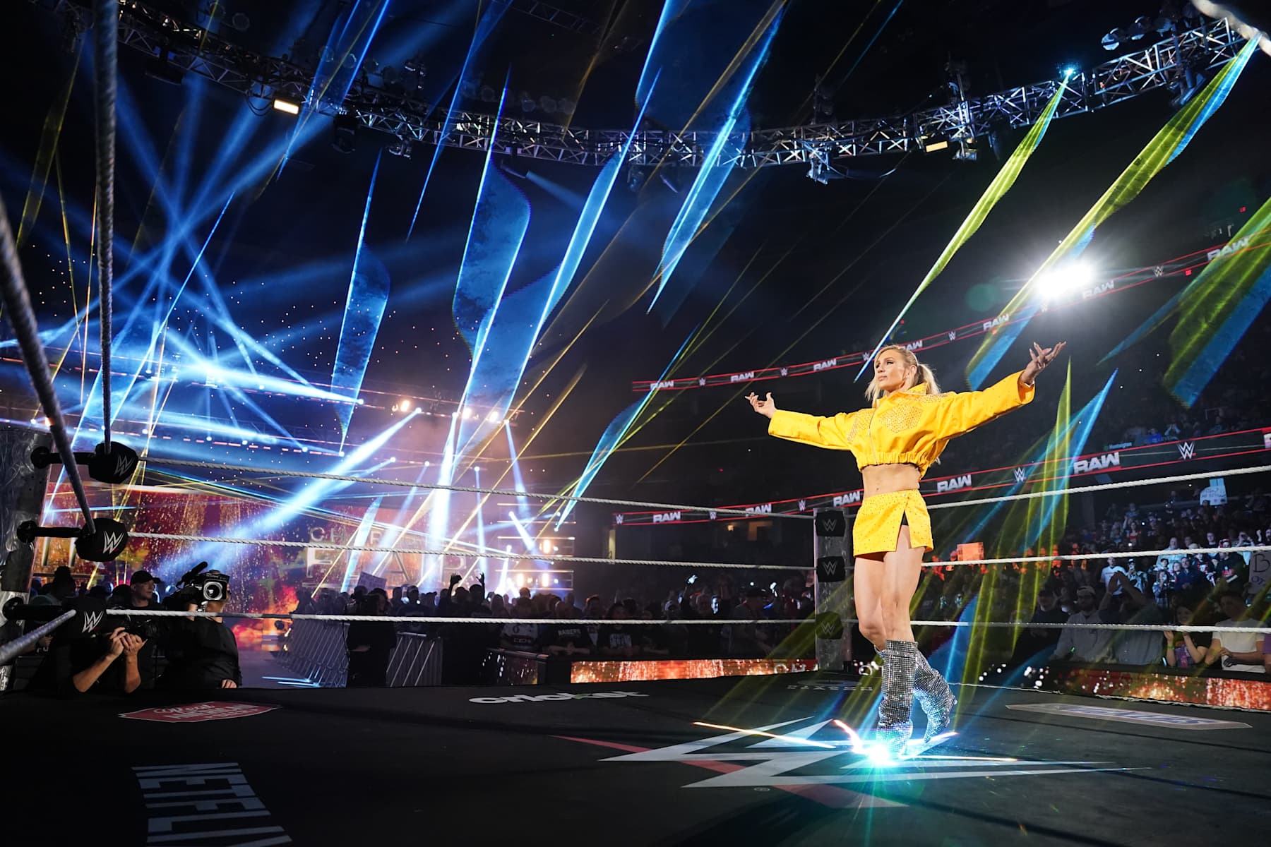 CLEVELAND, OHIO - FEBRUARY 3: Charlotte Flair makes her entrance during Monday Night RAW at Rocket Mortgage Fieldhouse on February 3, 2025 in Cleveland, Ohio. (Photo by Rich Wade/WWE via Getty Images)