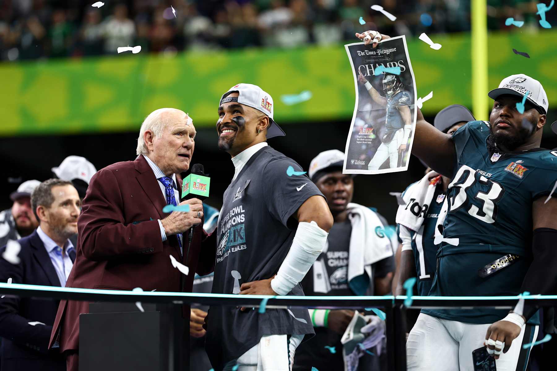 NEW ORLEANS, LOUISIANA - FEBRUARY 9: Terry Bradshaw interviews Jalen Hurts #1 of the Philadelphia Eagles after defeating the Kansas City Chiefs 40-22 in Super Bowl LIX at Caesars Superdome on February 9, 2025 in New Orleans, Louisiana. (Photo by Kevin Sabitus/Getty Images)