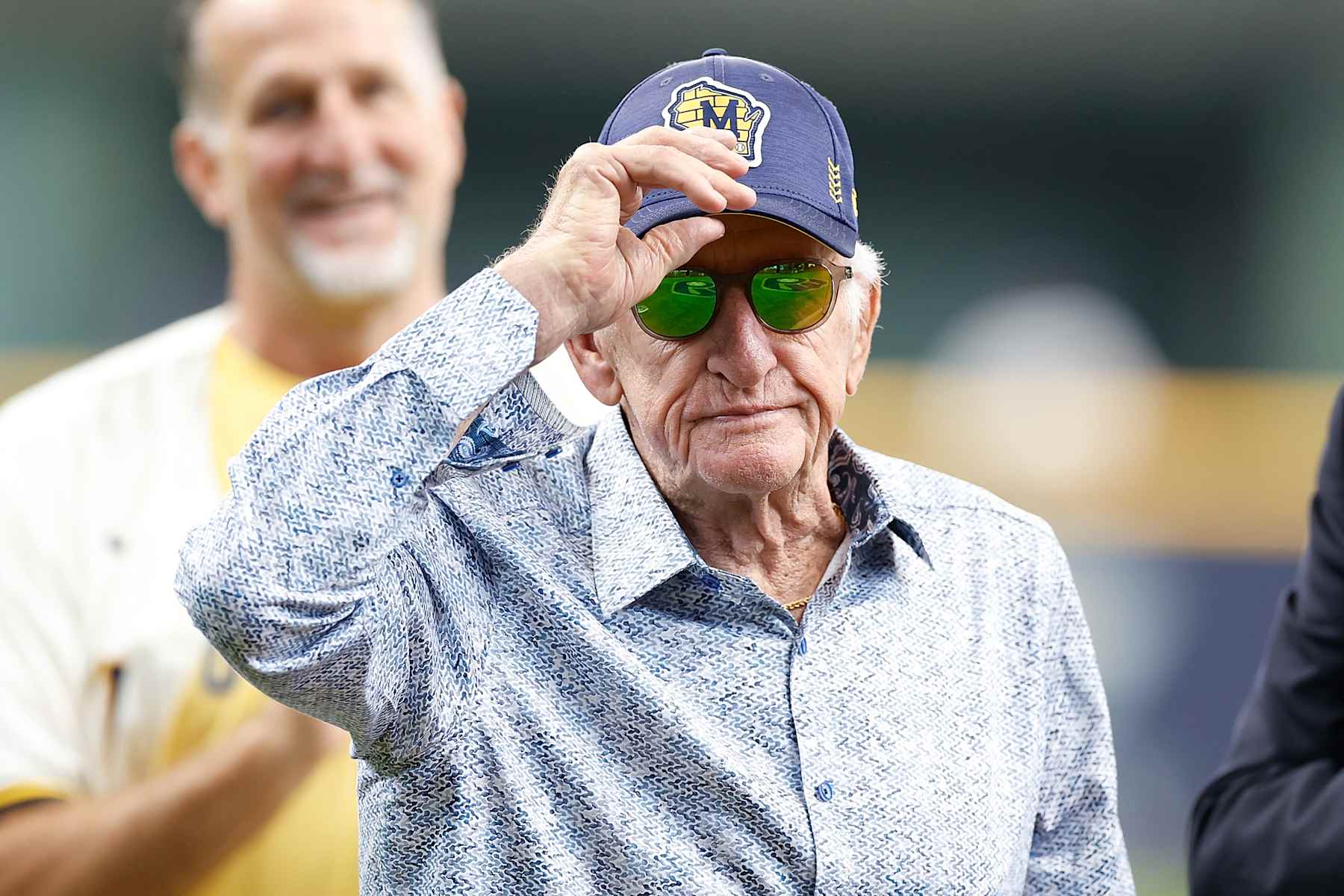 MILWAUKEE, WISCONSIN - JULY 28: Bob Uecker being introduced during the Ryan Braun Walk of Fame ceremony before the game against the Miami Marlins at American Family Field on July 28, 2024 in Milwaukee, Wisconsin. (Photo by John Fisher/Getty Images)