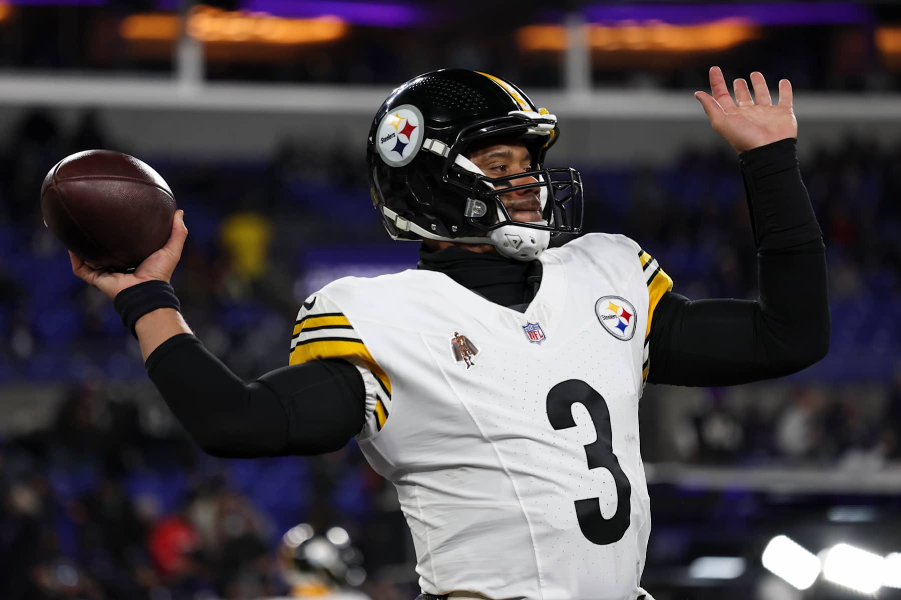 BALTIMORE, MARYLAND - JANUARY 11: Russell Wilson #3 of the Pittsburgh Steelers warms up prior to a Wild Card Playoff Game against the Baltimore Ravens at M&T Bank Stadium on January 11, 2025, in Baltimore, Maryland. The Ravens defeated the Steelers 28-14. (Kara Durrette/Getty Images)