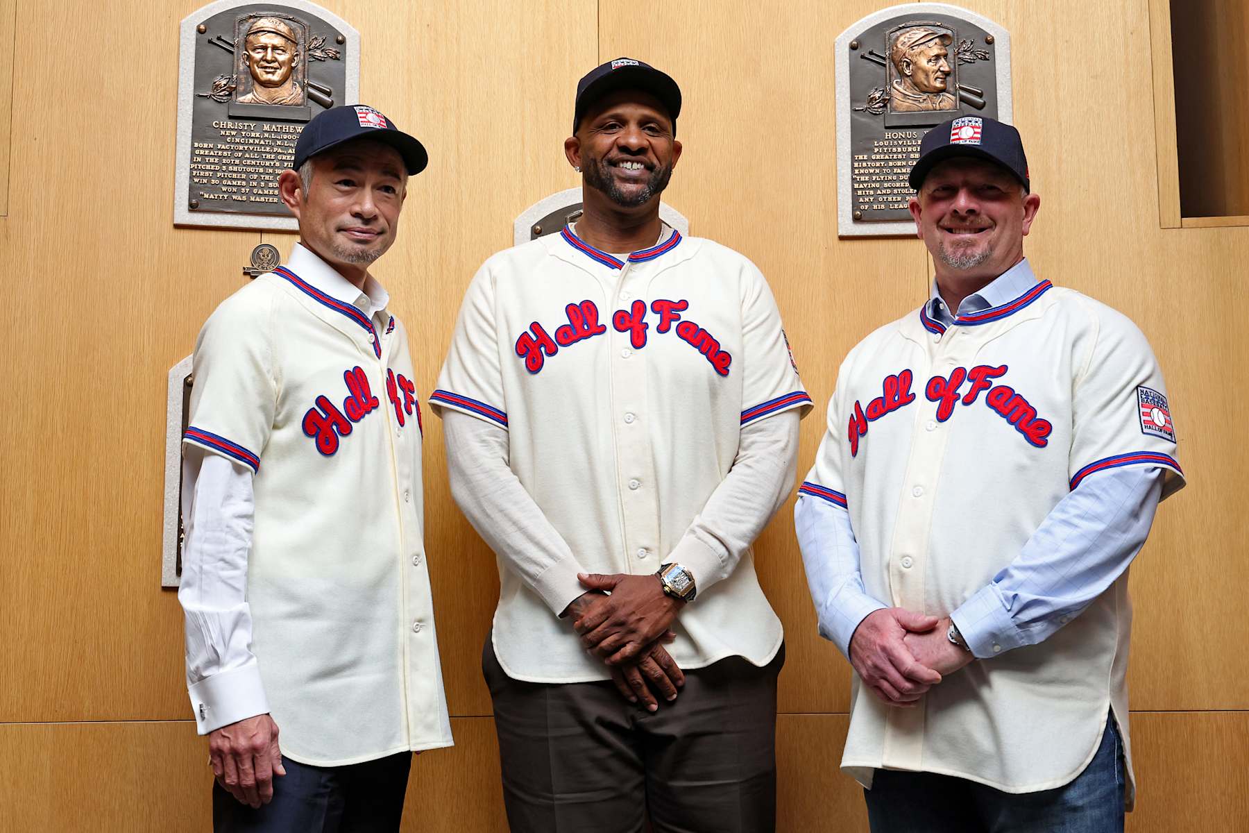 COOPERSTOWN, NY - JANUARY 23: Ichiro Suzuki, CC Sabathia and Billy Wagner pose for a photo after being elected into the National Baseball Hall of Fame Class of 2025 on January 23, 2025 in Cooperstown, New York. (Photo by New York Yankees/Getty Images)