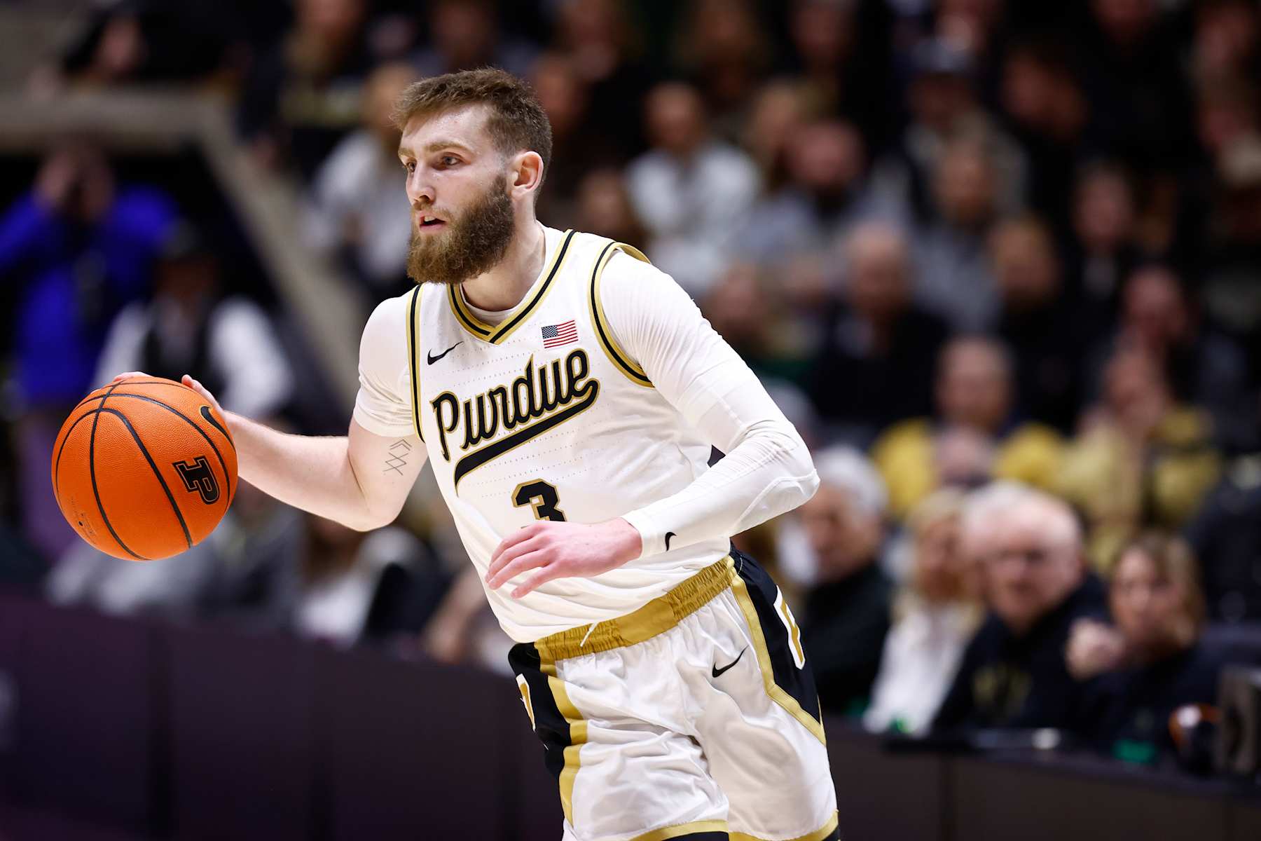 WEST LAFAYETTE, IN - FEBRUARY 07: Purdue Boilermakers guard Braden Smith (3) brings the ball up court during a men's college basketball game between the USC Trojans and the Purdue Boilermakers on February 07, 2025, at Mackey Arena in West Lafayette, IN. (Photo by Jeffrey Brown/Icon Sportswire via Getty Images)
