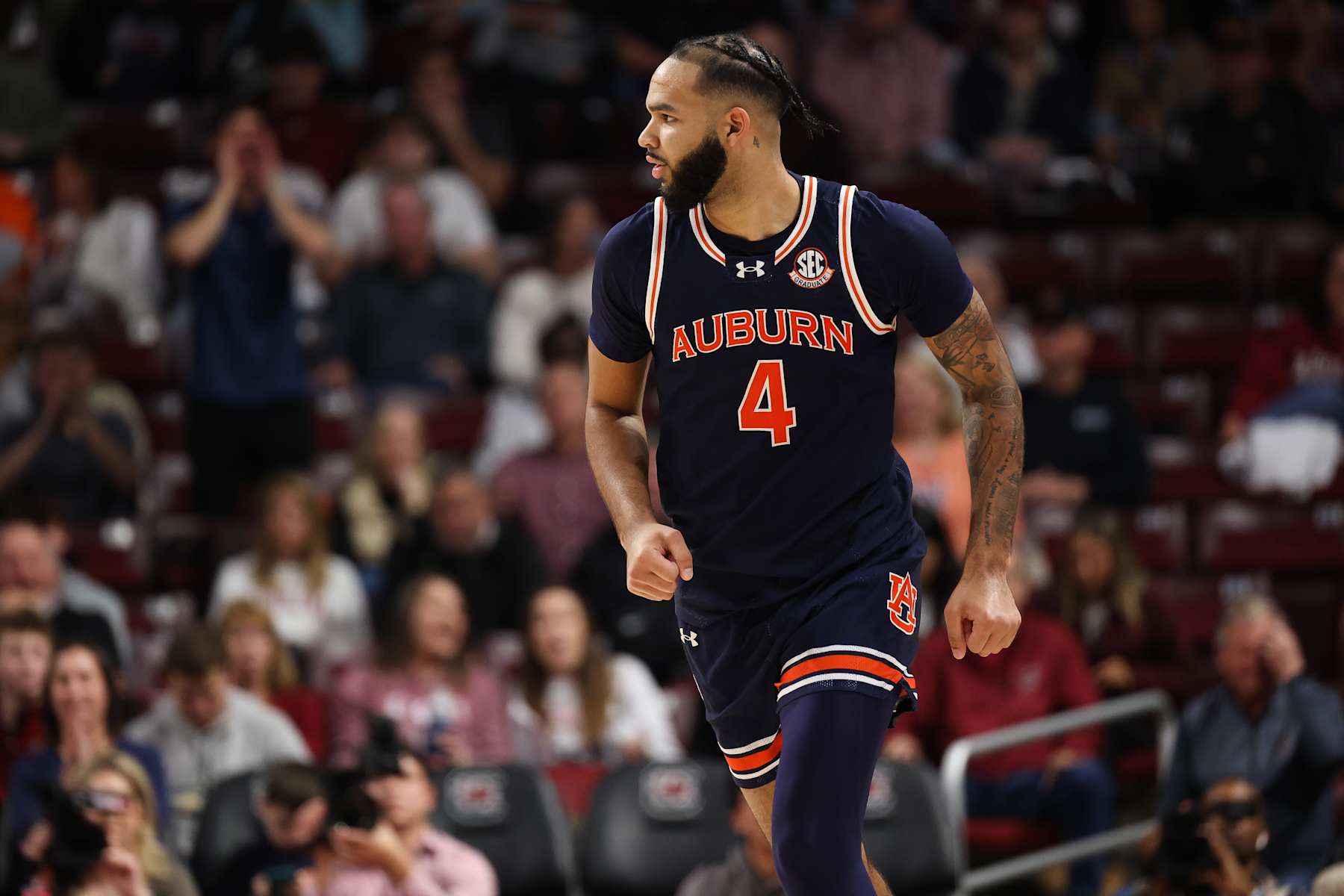 COLUMBIA, SOUTH CAROLINA - JANUARY 11: Johni Broome #4 of the Auburn Tigers in action during the second half against the South Carolina Gamecocks at Colonial Life Arena on January 11, 2025 in Columbia, South Carolina. (Photo by Isaiah Vazquez/Getty Images)