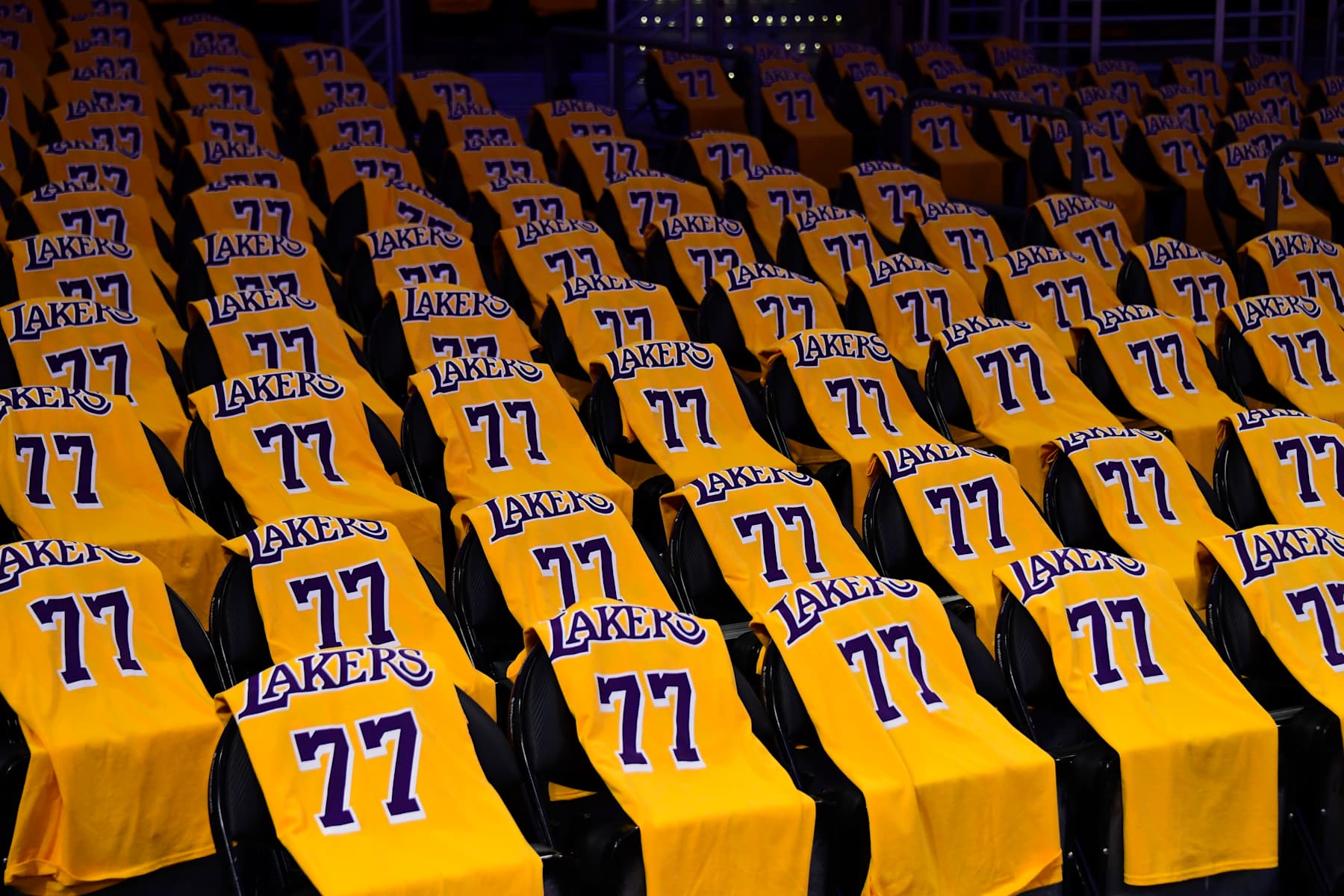 LOS ANGELES, CA - FEBRUARY 10: T-Shirts laid out for fans before the game between the Utah Jazz and Los Angeles Lakers on February 10, 2025 at Crypto.Com Arena in Los Angeles, California. NOTE TO USER: User expressly acknowledges and agrees that, by downloading and/or using this Photograph, user is consenting to the terms and conditions of the Getty Images License Agreement. Mandatory Copyright Notice: Copyright 2025 NBAE (Photo by Adam Pantozzi/NBAE via Getty Images)