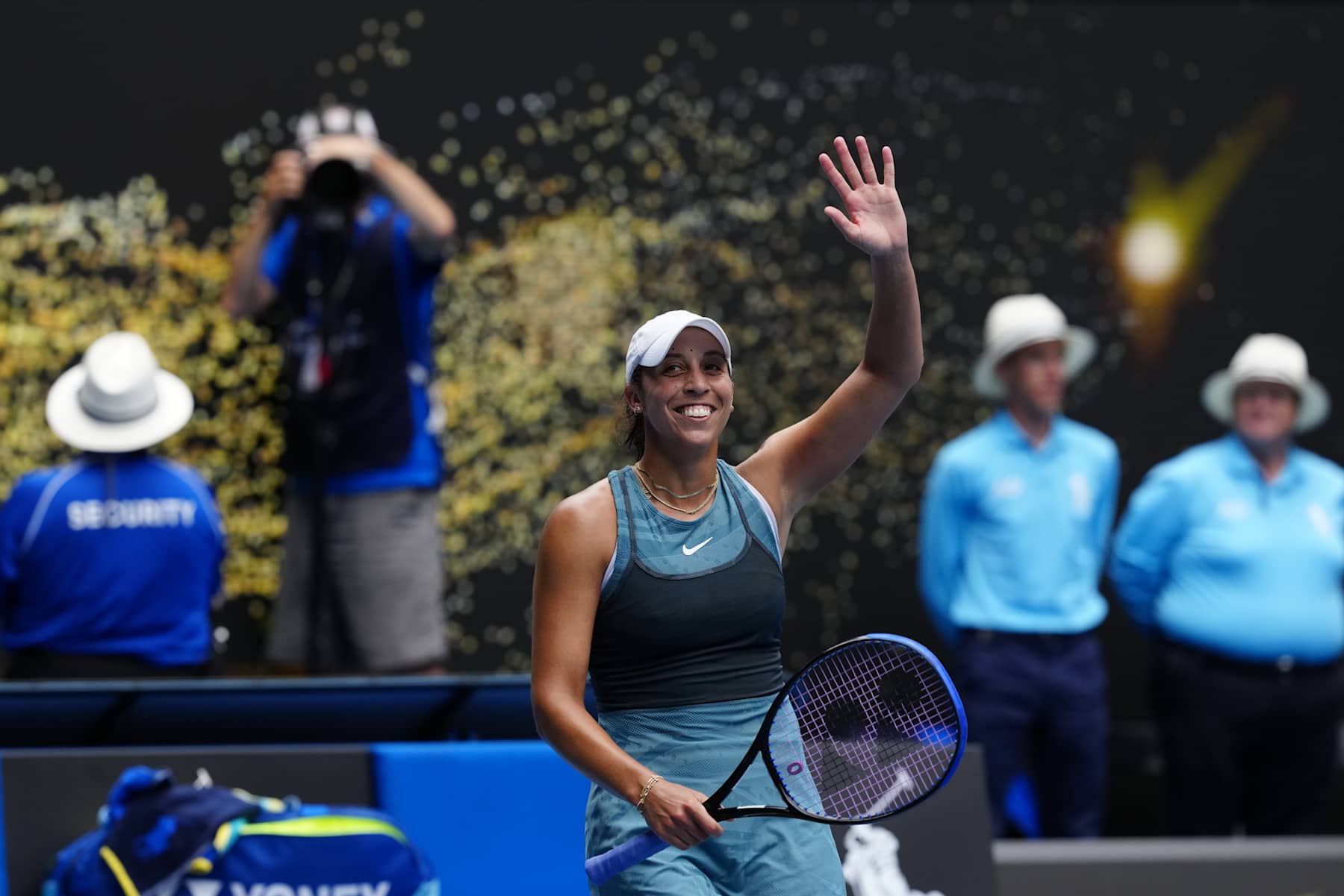 MELBOURNE, AUSTRALIA - JANUARY 22: Madison Keys of the United States acknowledges the crowd after winning during the Women's Singles Quarterfinal against Elina Svitolina of Ukraine during day 11 of the 2025 Australian Open at Melbourne Park on January 22, 2025 in Melbourne, Australia. (Photo by Fred Lee/Getty Images)