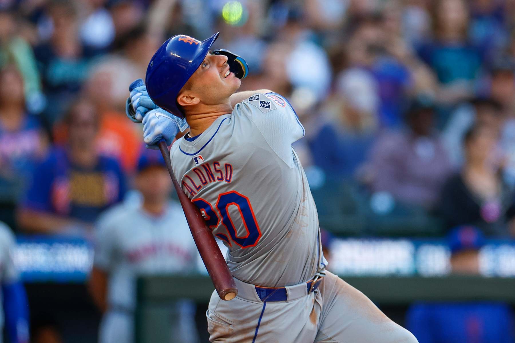 SEATTLE, WASHINGTON - AUGUST 11: Pete Alonso #20 of the New York Mets swings and fouls the ball in the fourth inning during a game against the Seattle Mariners at T-Mobile Park on August 11, 2024 in Seattle, Washington. (Photo by Brandon Sloter/Getty Images)