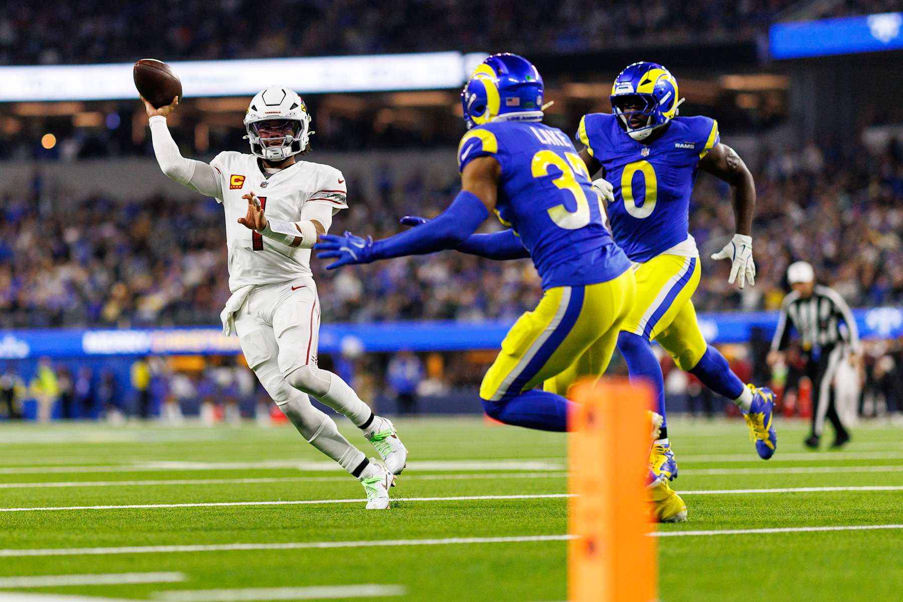 INGLEWOOD, CALIFORNIA - DECEMBER 28: Quarterback Kyler Murray #1 of the Arizona Cardinals throws a pass during the second half of an NFL football game against the Los Angeles Rams, at SoFi Stadium on December 28, 2024 in Inglewood, California. (Photo by Brooke Sutton/Getty Images)