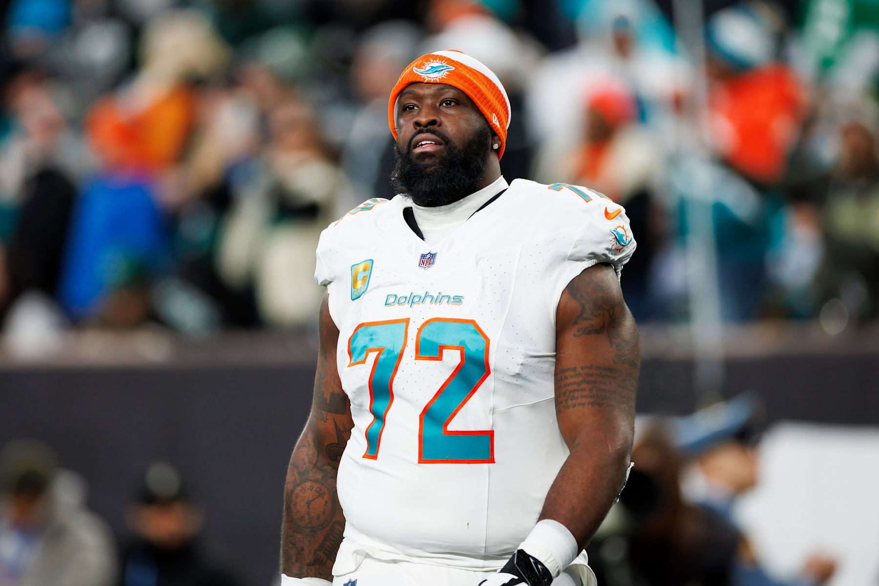 EAST RUTHERFORD, NEW JERSEY - NOVEMBER 24: Terron Armstead #72 of the Miami Dolphins looks on during an NFL football game against the New York Jets at MetLife Stadium on November 24, 2023 in East Rutherford, New Jersey. (Photo by Ryan Kang/Getty Images)
