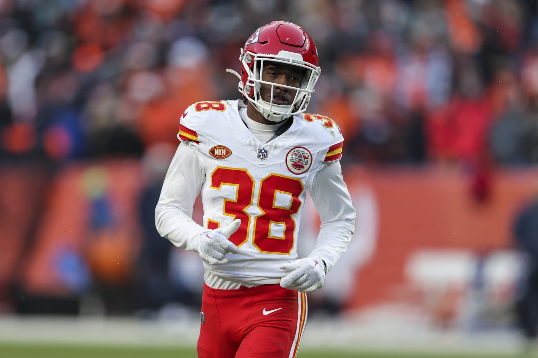 DENVER, COLORADO - OCTOBER 29: L'Jarius Sneed #38 of the Kansas City Chiefs runs during an NFL football game between the Denver Broncos and the Kansas City Chiefs at Empower Field At Mile High on October 29, 2023 in Denver, Colorado. (Photo by Michael Owens/Getty Images)