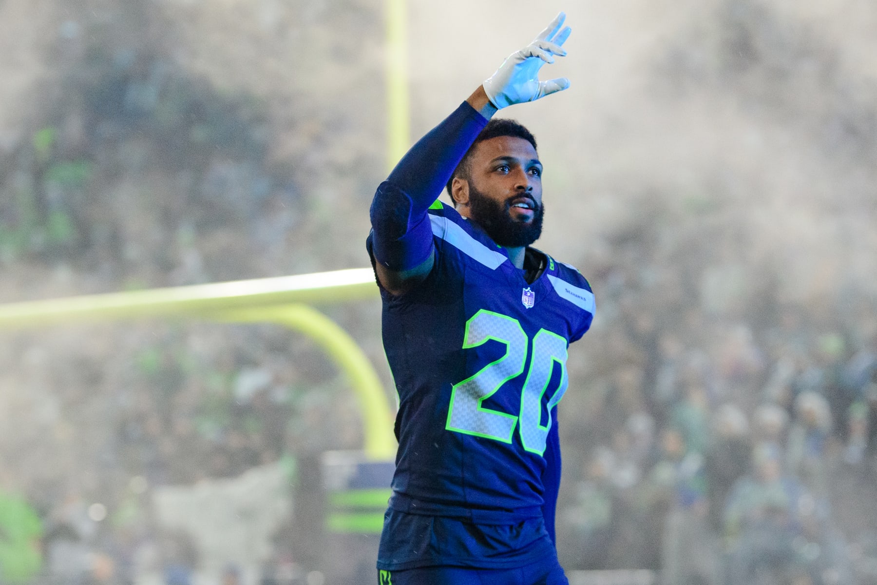 SEATTLE, WASHINGTON - DECEMBER 18: Seattle Seahawks safety Julian Love #20 before the game against the Philadelphia Eagles at Lumen Field on December 18, 2023 in Seattle, Washington. (Photo by Jane Gershovich/Getty Images)