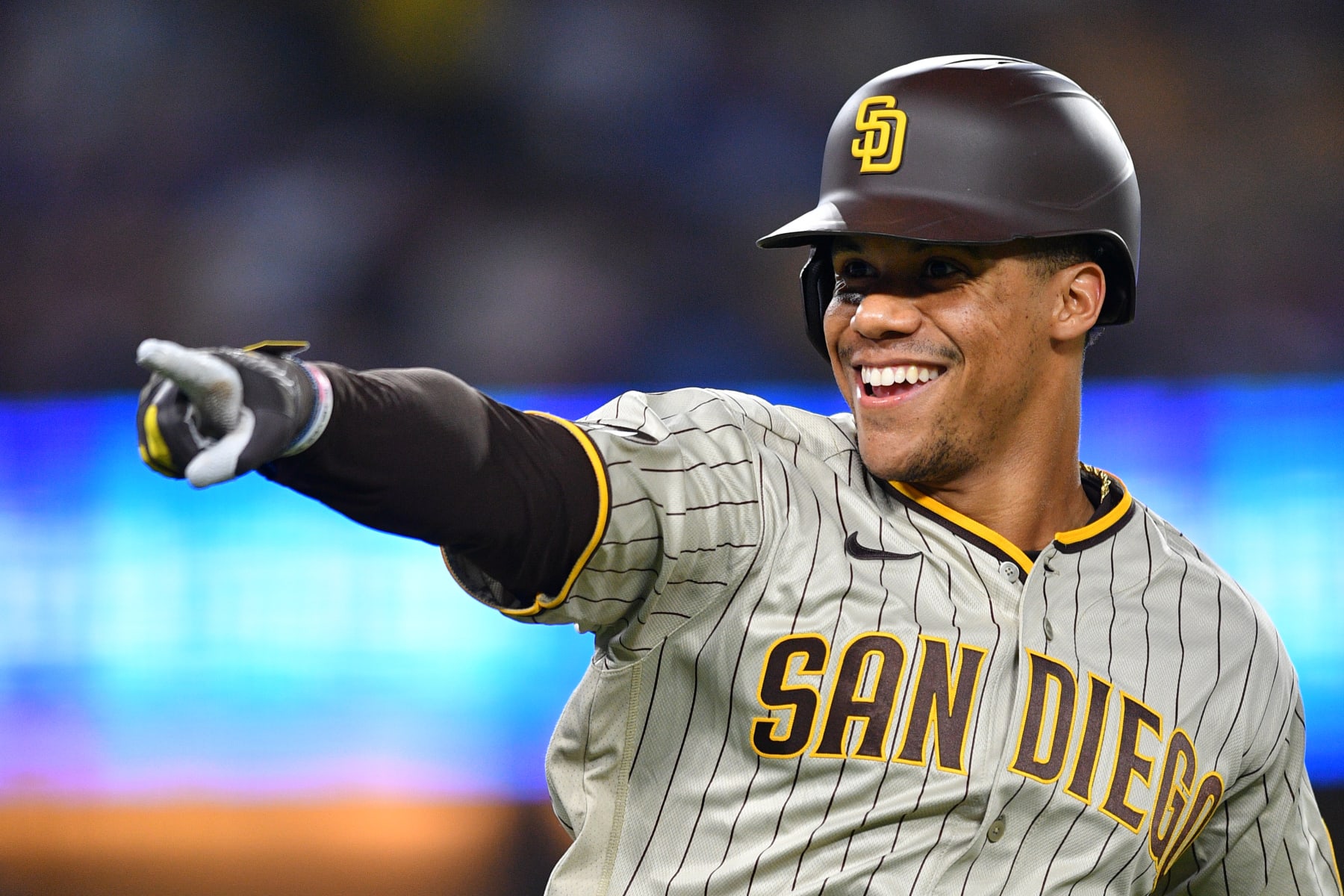 LOS ANGELES, CA - SEPTEMBER 13: San Diego Padres left fielder Juan Soto (22) celebrates after hitting a first inning home run during the MLB game between the San Diego Padres and the Los Angeles Dodgers on September 13, 2023 at Dodger Stadium in Los Angeles, CA. (Photo by Brian Rothmuller/Icon Sportswire via Getty Images)