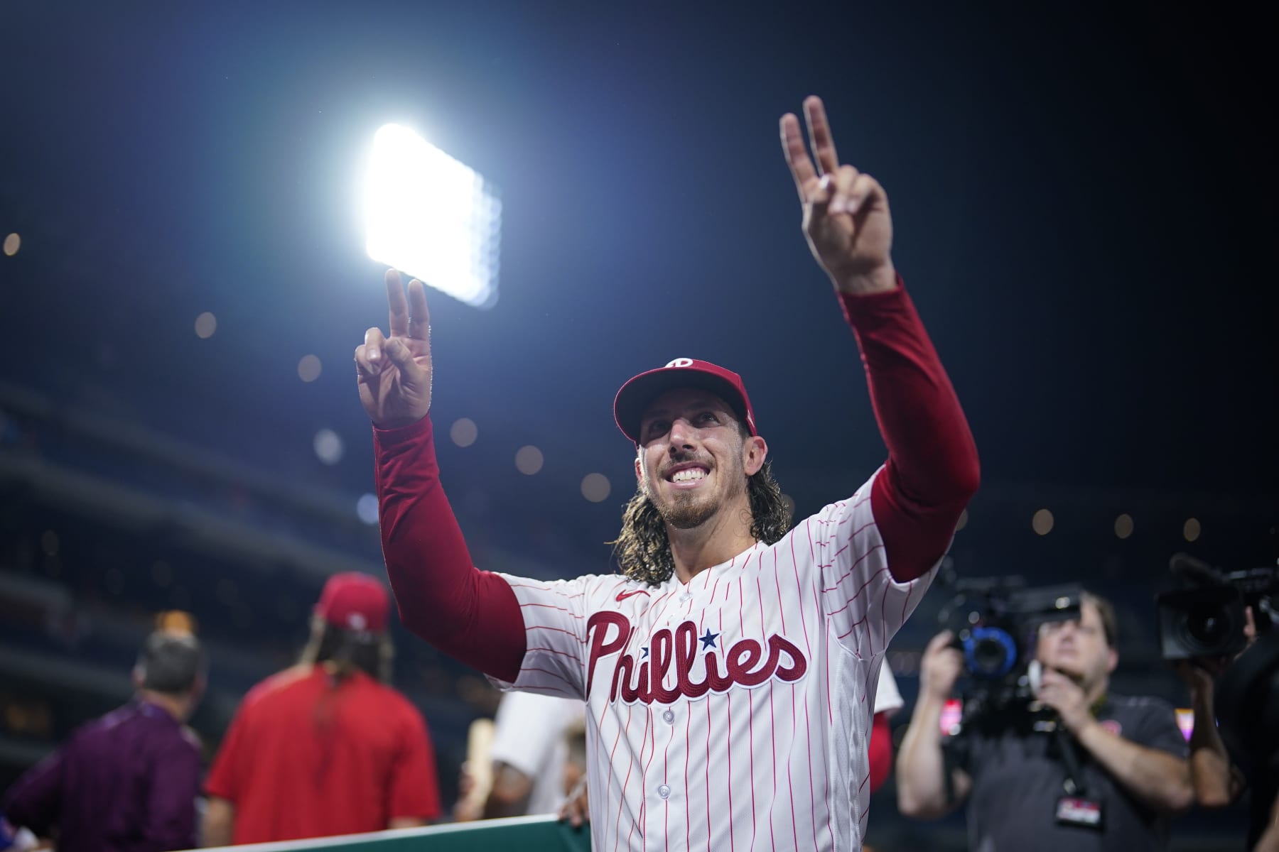 Philadelphia Phillies pitcher Michael Lorenzen celebrates after pitching a no-hitter during a baseball game against the Washington Nationals, Wednesday, Aug. 9, 2023, in Philadelphia. (AP Photo/Matt Slocum)