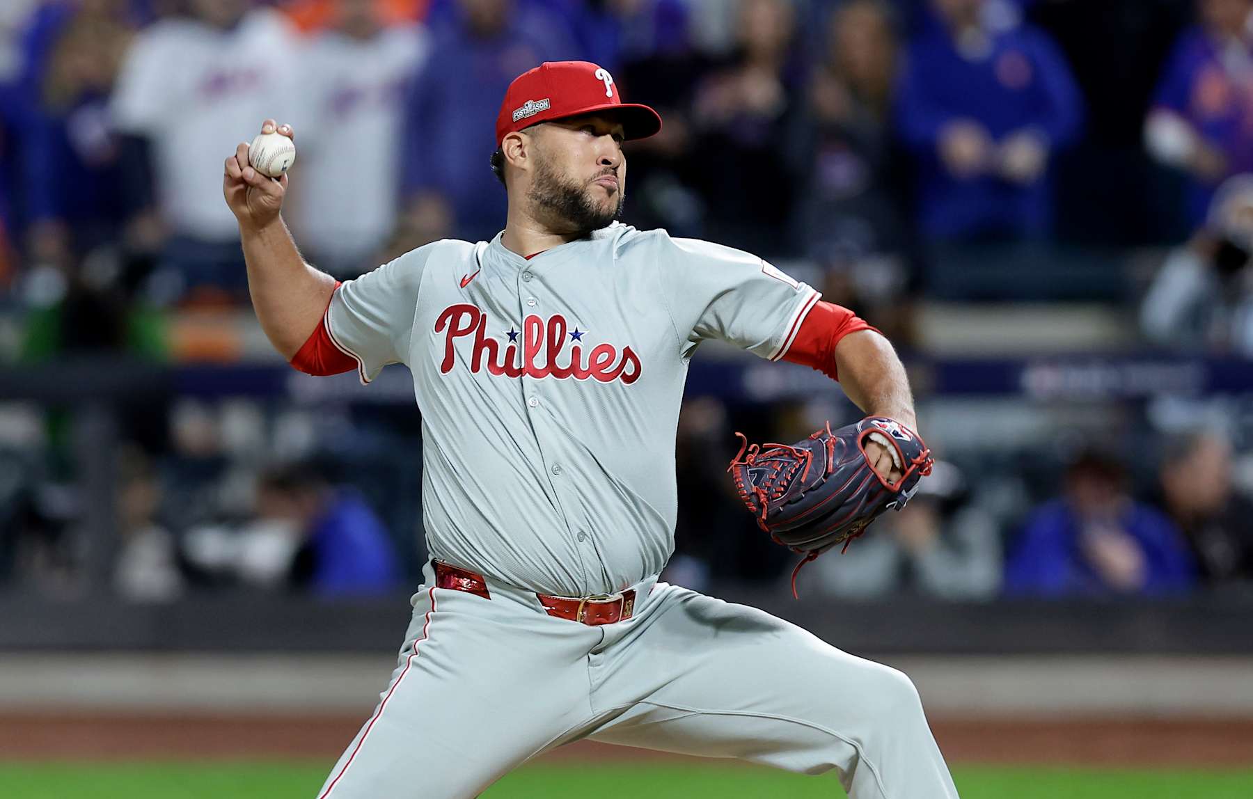 NEW YORK, NEW YORK - OCTOBER 09: (NEW YORK DAILIES OUT) Carlos Estevez #53 of the Philadelphia Phillies in action against the New York Mets during Game Four of the Division Series at Citi Field on October 09, 2024 in New York City. The Mets defeated the Phillies 4-1. (Photo by Jim McIsaac/Getty Images)