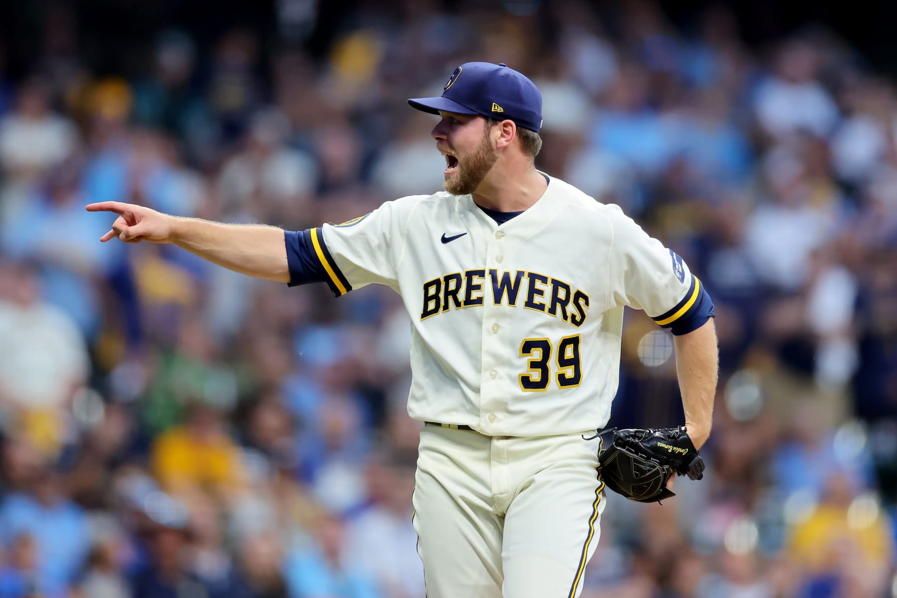 MILWAUKEE, WISCONSIN - OCTOBER 03: Corbin Burnes #39 of the Milwaukee Brewers asks the umpire to appeal a check swing in the first inning against the Arizona Diamondbacks during Game One of the Wild Card Series at American Family Field on October 03, 2023 in Milwaukee, Wisconsin. (Photo by Stacy Revere/Getty Images)