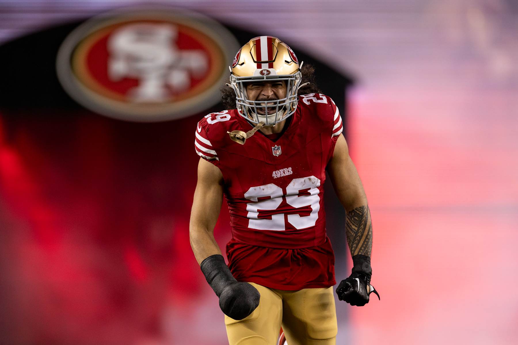 SANTA CLARA, CALIFORNIA - DECEMBER 12: Talanoa Hufanga #29 of the San Francisco 49ers reacts as he takes the field prior to an NFL Football game against the Los Angeles Rams at Levi's Stadium on December 12, 2024 in Santa Clara, California. (Photo by Michael Owens/Getty Images)