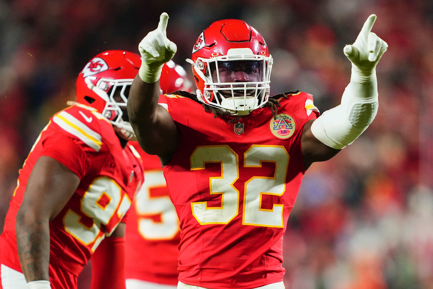 KANSAS CITY, MO - DECEMBER 08: Nick Bolton #32 of the Kansas City Chiefs celebrates after a play against the Los Angeles Chargers during the second half of an NFL football game at GEHA Field at Arrowhead Stadium on December 8, 2024 in Kansas City, Missouri. (Photo by Cooper Neill/Getty Images)