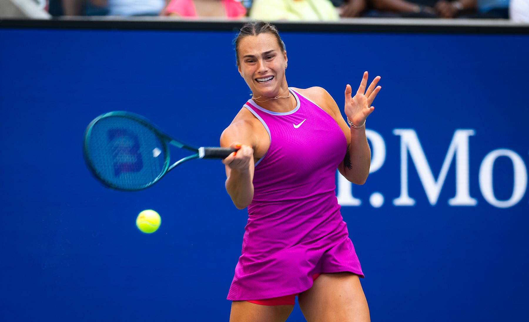 NEW YORK, NEW YORK - AUGUST 28: Aryna Sabalenka in action against Lucia Bronzetti of Italy in the second round on Day 3 of the US Open at USTA Billie Jean King National Tennis Center on August 28, 2024 in New York City (Photo by Robert Prange/Getty Images)