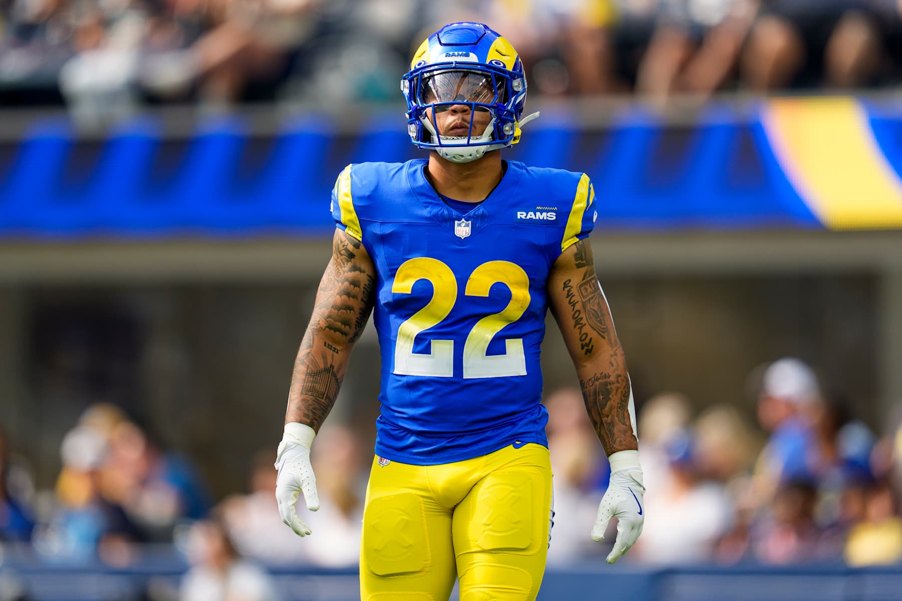 INGLEWOOD, CALIFORNIA - OCTOBER 20: Running back Blake Corum #22 of the Los Angeles Rams stands on the field during the second quarter of an NFL football game against the Las Vegas Raiders, at SoFi Stadium on October 20, 2024 in Inglewood, California. (Photo by Brooke Sutton/Getty Images)