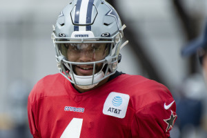 Dallas Cowboys' Leighton Vander Esch on the bench without his helmet during  an NFL football game against the New England Patriots at Gillette Stadium,  Sunday, Oct. 17, 2021 in Foxborough, Mass. (Winslow