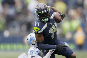 Seattle Seahawks offensive lineman Abraham Lucas is pictured during an NFL  football game against the Atlanta Falcons, Sunday, Sept. 25, 2022, in  Seattle. The Falcons won 27-23. (AP Photo/Stephen Brashear Stock Photo -  Alamy