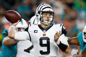 Cincinnati Bengals quarterback Joe Burrow (9) and wide receiver Ja'Marr  Chase (1) are interview by CBS Sports reporter AJ Ross after an NFL  football game against the New Orleans Saints, Sunday, Oct.