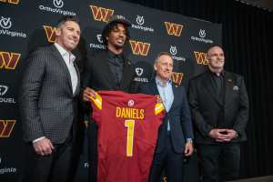 Video: Commanders' Jayden Daniels Gets No. 5 Jersey After Deal with Punter Tress Way