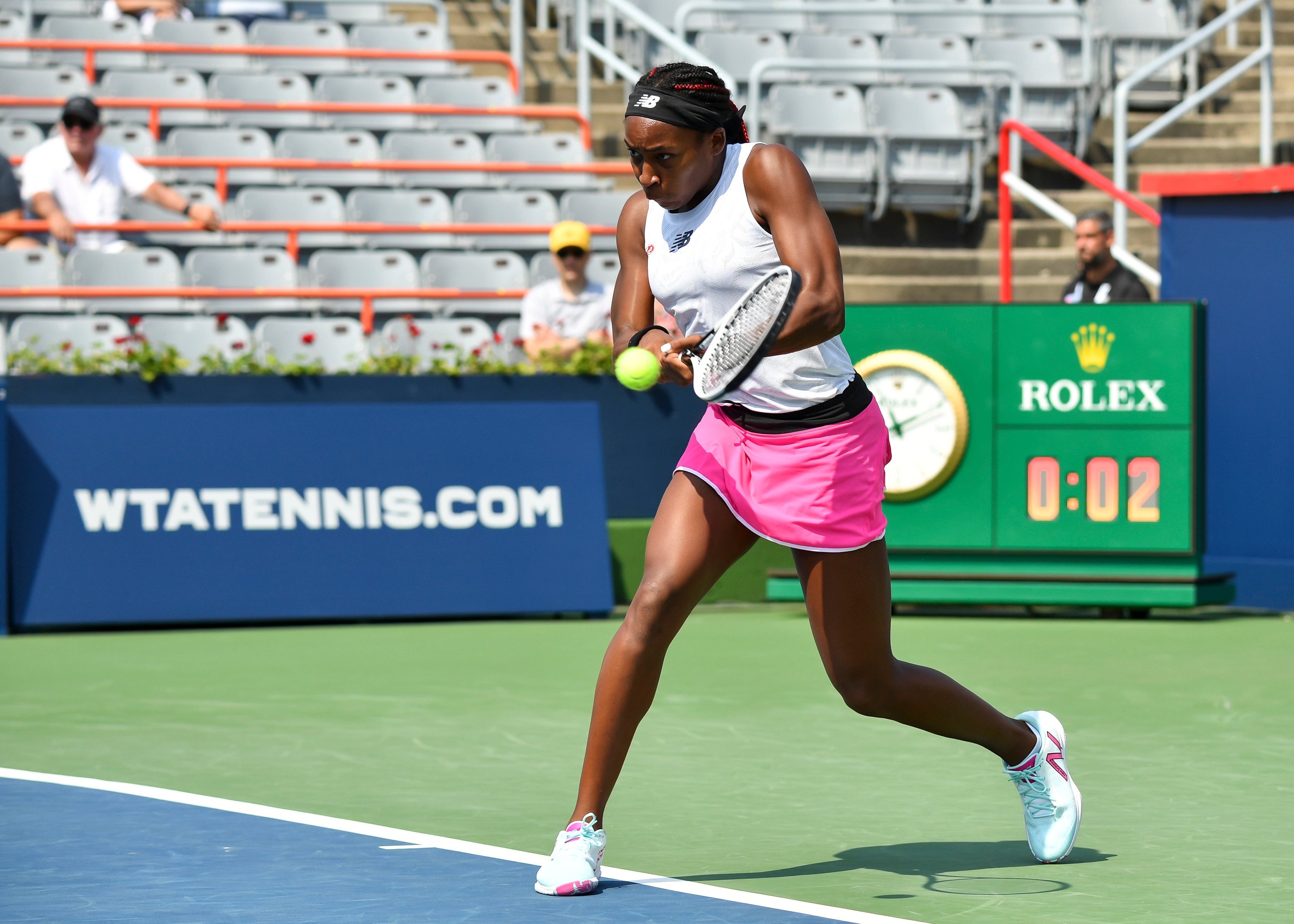 MONTREAL, QC - AUGUST 10: Cori Gauff of the United States prepares to hit a return during her Women's Singles match against Anastasija Sevastova of Latvia on Day Two of the National Bank Open presented by Rogers at IGA Stadium on August 10, 2021 in Montreal, Canada. (Photo by Minas Panagiotakis/Getty Images)