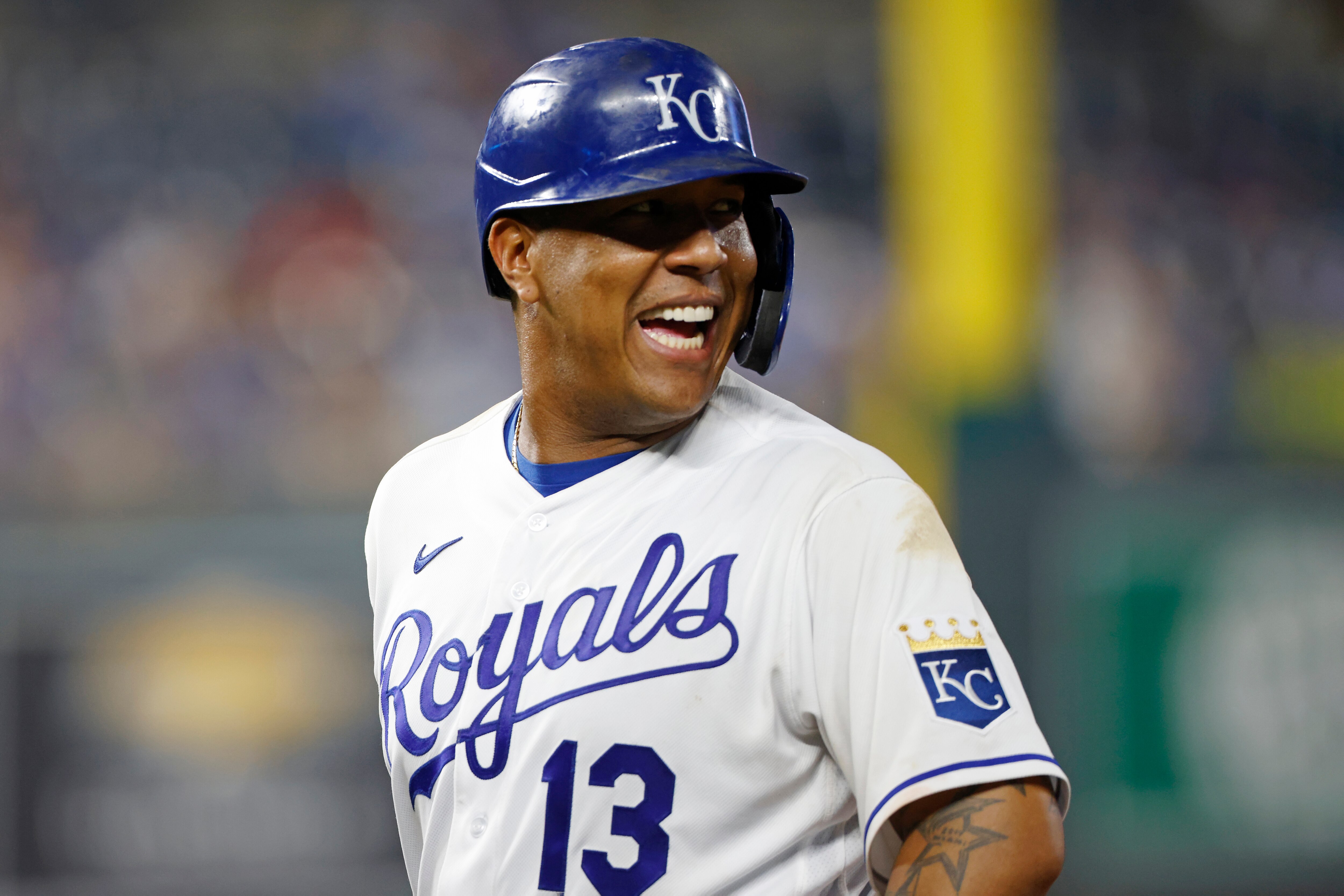 Kansas City Royals' Salvador Perez reacts after hitting an RBI single in the the eighth inning of a baseball game against the Seattle Mariners at Kauffman Stadium in Kansas City, Mo., Saturday, Sept. 18, 2021. the Royals defeated the Mariners 8-11. (AP Photo/Colin E. Braley)