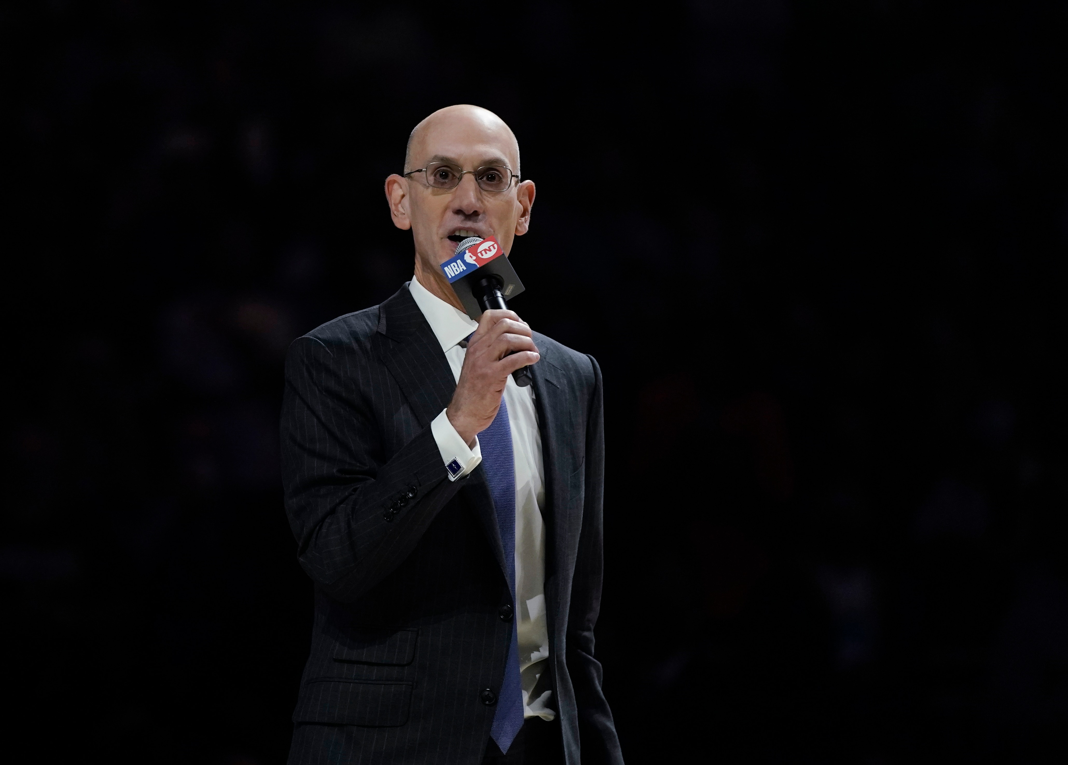NBA Commissioner Adam Silver speaks during a ring ceremony before an NBA basketball game between the Milwaukee Bucks and the Brooklyn Nets, Tuesday, Oct. 19, 2021, in Milwaukee. (AP Photo/Morry Gash)