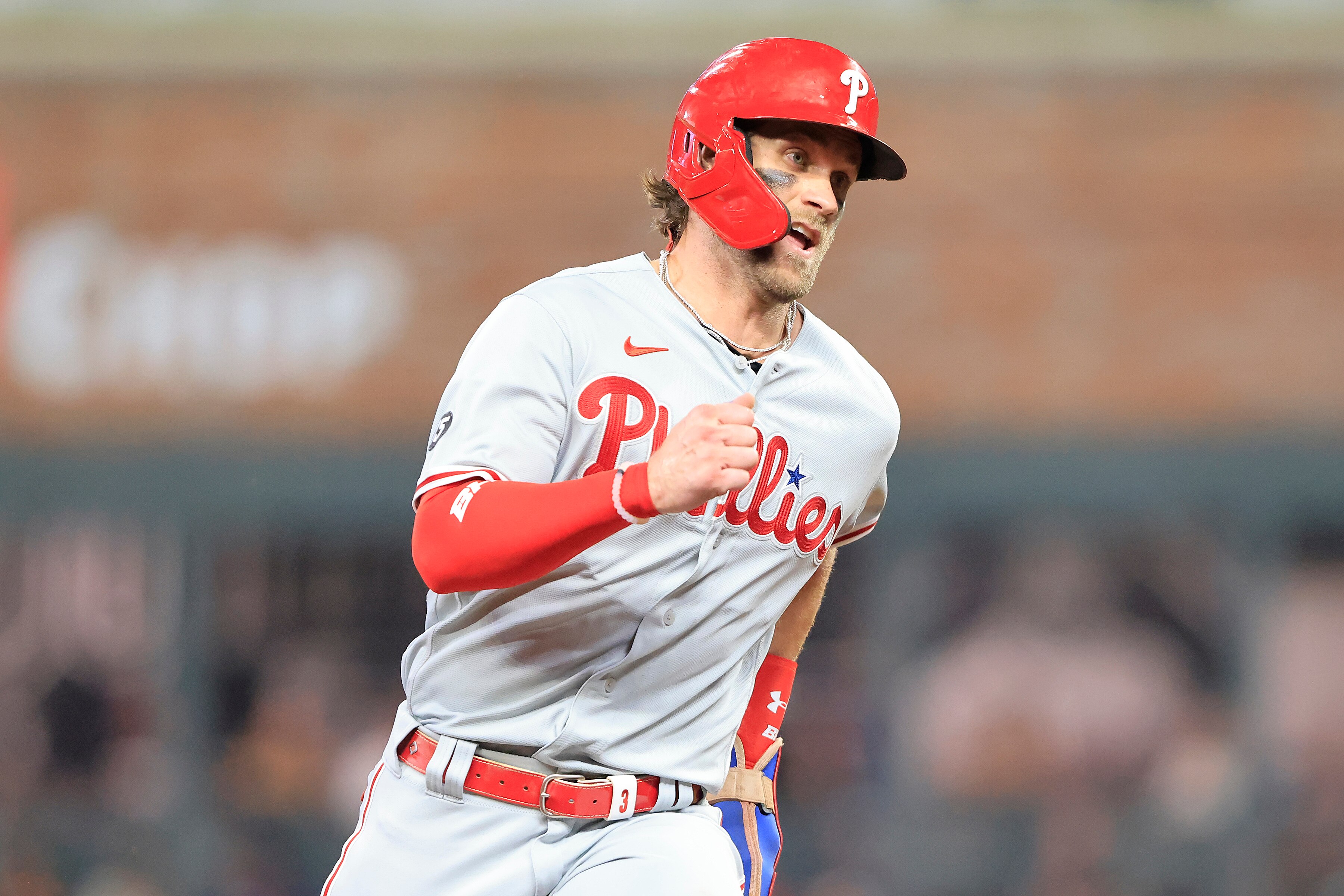 ATLANTA, GA - SEPTEMBER 28: Bryce Harper #3 of the Philadelphia Phillies heads towards third base during the Tuesday evening MLB game between the Philadelphia Phillies and the Atlanta Braves on September 28, 2021 at Truist Park in Atlanta, Georgia. (Photo by David J. Griffin/Icon Sportswire via Getty Images)
