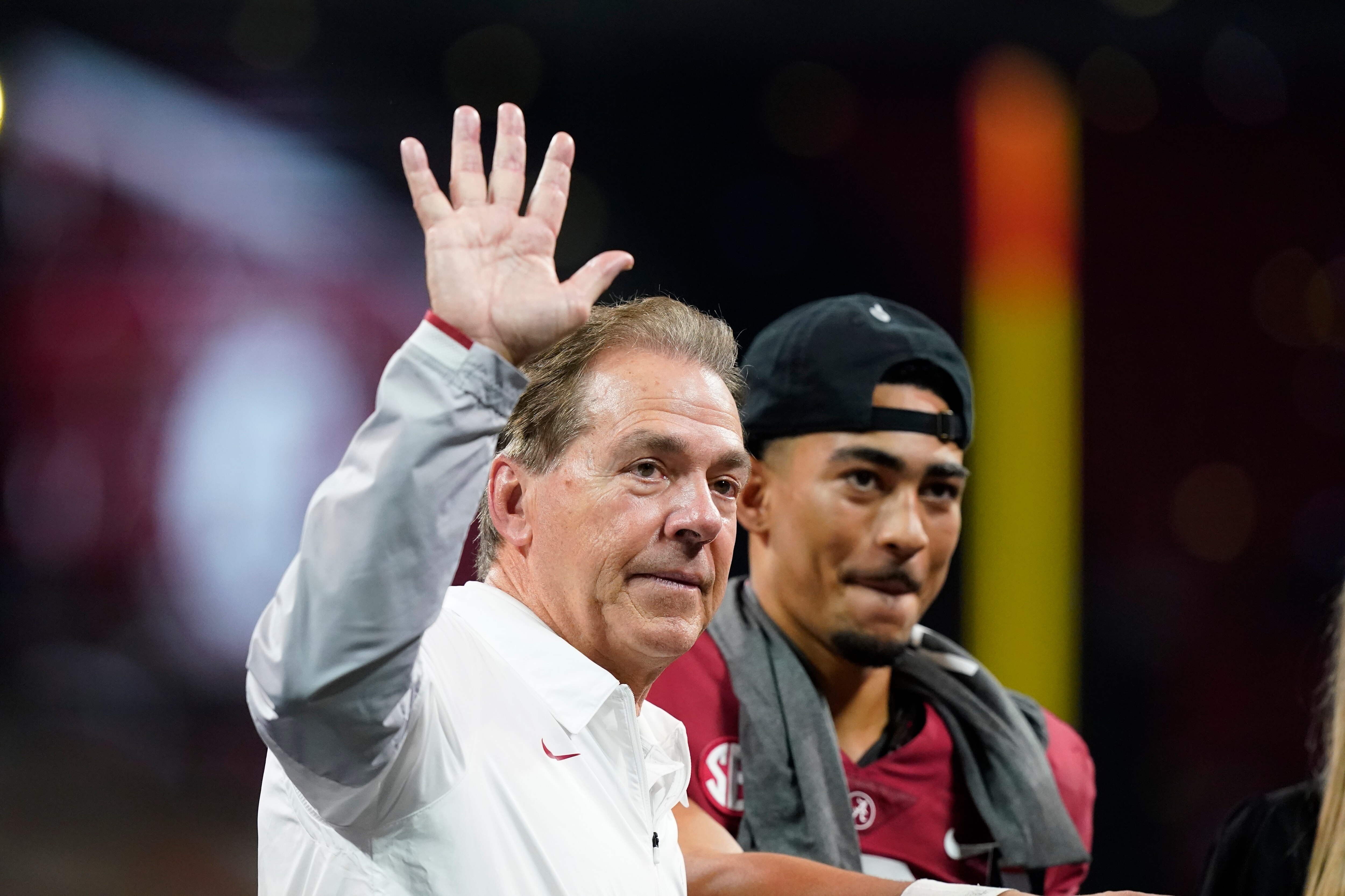 Alabama head coach Nick Saban waves to fans after the Southeastern Conference championship NCAA college football game between Georgia and Alabama, Saturday, Dec. 4, 2021, in Atlanta. Alabama won 41-24. (AP Photo/Brynn Anderson)