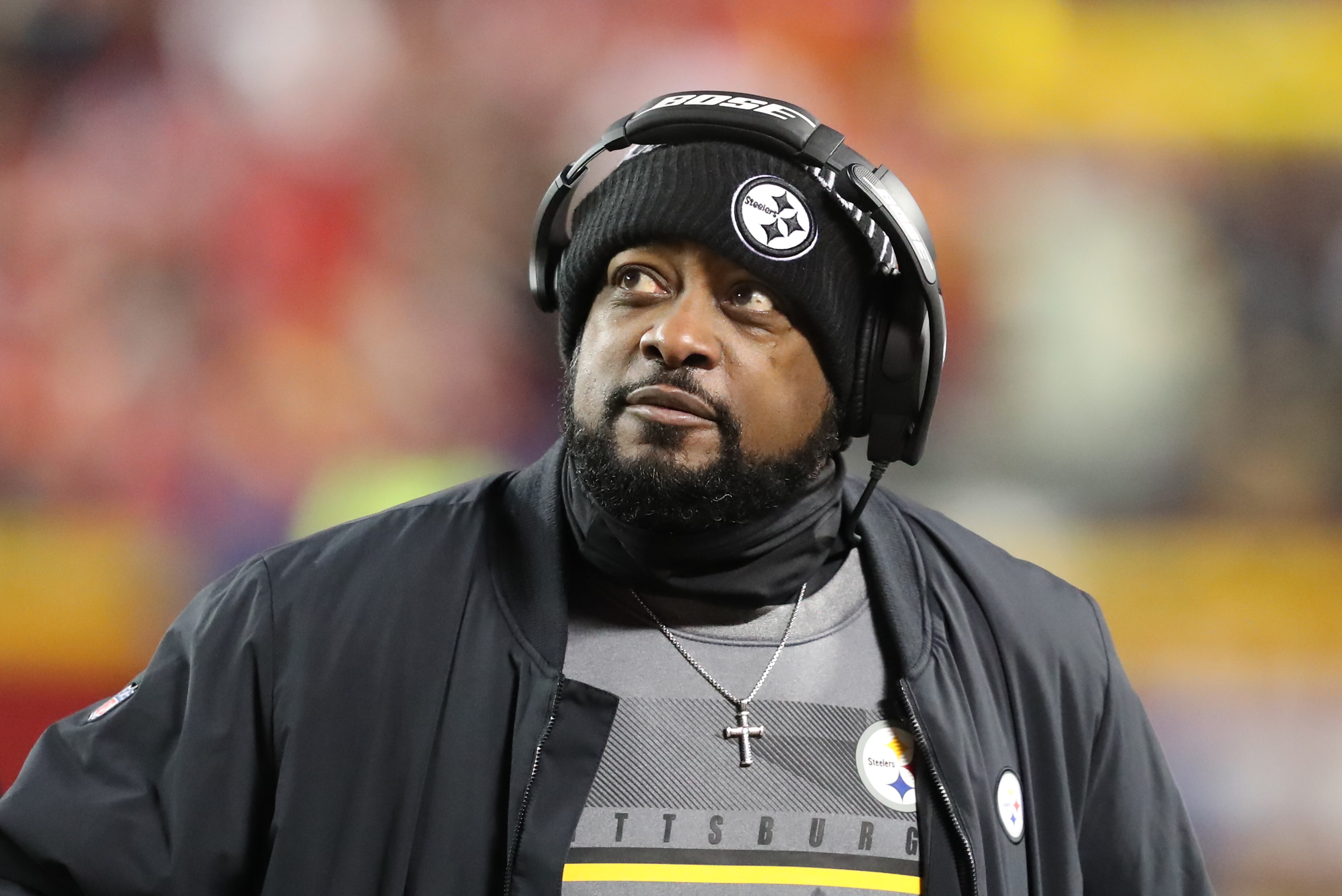 KANSAS CITY, MO - JANUARY 16: Pittsburgh Steelers head coach Mike Tomlin looks up from the sidelines during an AFC wild card playoff game between the Pittsburgh Steelers and Kansas City Chiefs on Jan 16, 2022 at GEHA Field at Arrowhead Stadium in Kansas City, MO. (Photo by Scott Winters/Icon Sportswire via Getty Images)