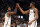 BOSTON, MASSACHUSETTS - APRIL 17: Kevin Durant #7 of the Brooklyn Nets and Kyrie Irving #11 celebrate during the fourth quarter of Round 1 Game 1 of the 2022 NBA Eastern Conference Playoffs at TD Garden on April 17, 2022 in Boston, Massachusetts. The Celtics defeat the Nets 115-114.  (Photo by Maddie Meyer/Getty Images)