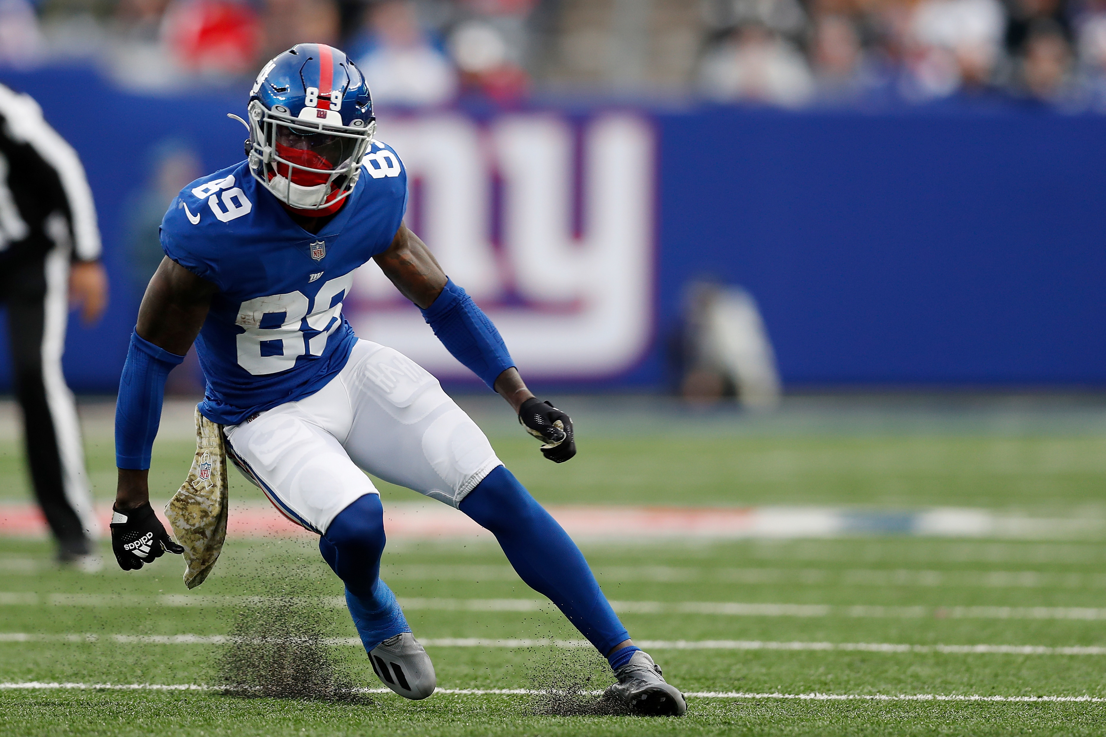 New York Giants wide receiver Kadarius Toney (89) runs a route during an NFL football game against the Las Vegas Raiders, Sunday, Nov. 7, 2021, in East Rutherford. N.J. The New York Giants defeated the Las Vegas Raiders 23-16. (AP Photo/Steve Luciano)