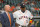 HOUSTON, TX - APRIL 18: Astros General Manager James Click and Houston Astros manager Dusty Baker Jr. (12) watch the jumbotron before the American League Championship ring ceremony before the baseball game between the Los Angeles Angels and Houston Astros at Minute Maid Park on April 18, 2022 in Houston, TX. (Photo by Ken Murray/Icon Sportswire via Getty Images)