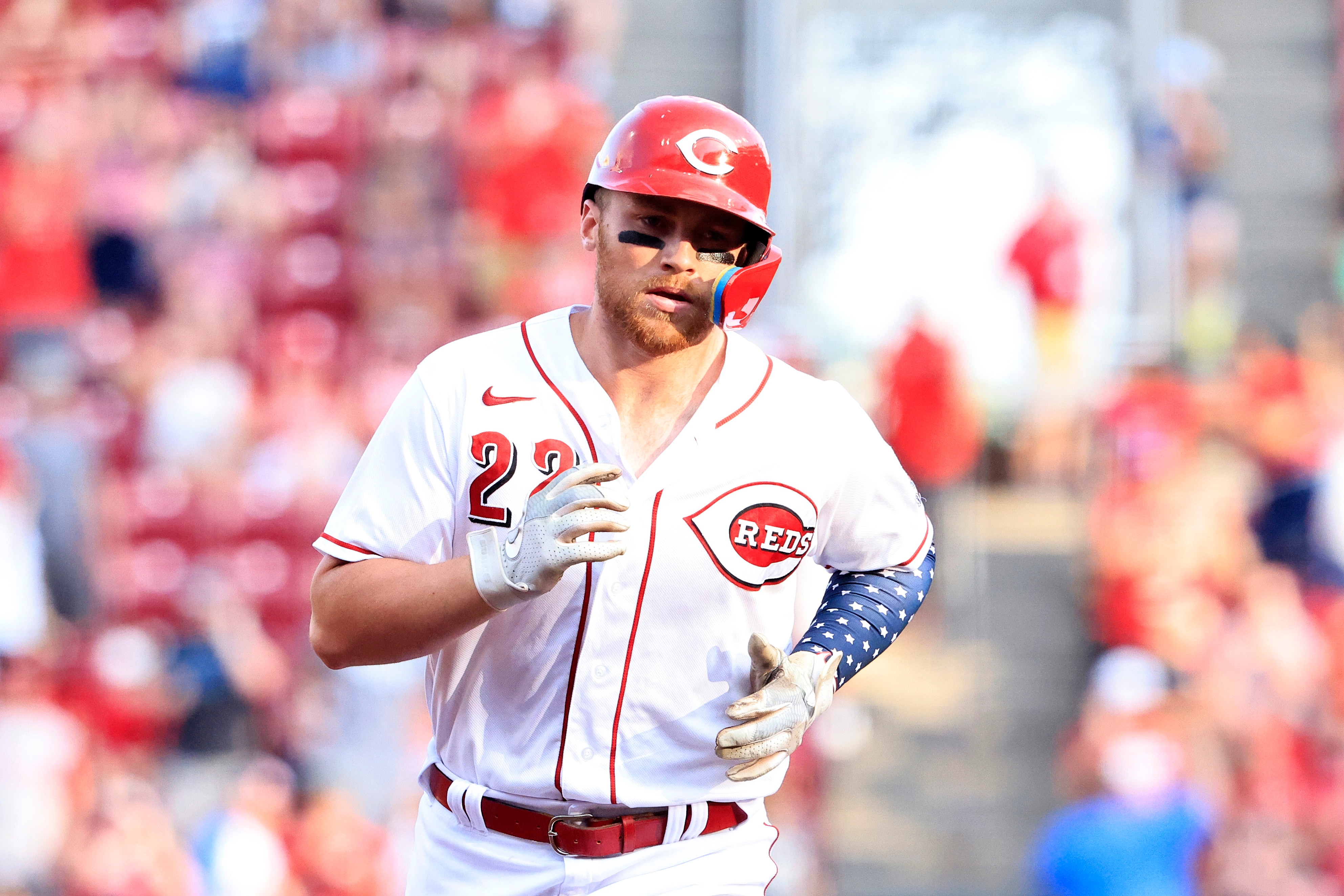 CINCINNATI, OHIO - JULY 04: Brandon Drury #22 of the Cincinnati Reds runs the bases after hitting a home run in the game against the New York Mets at Great American Ball Park on July 04, 2022 in Cincinnati, Ohio. (Photo by Justin Casterline/Getty Images)