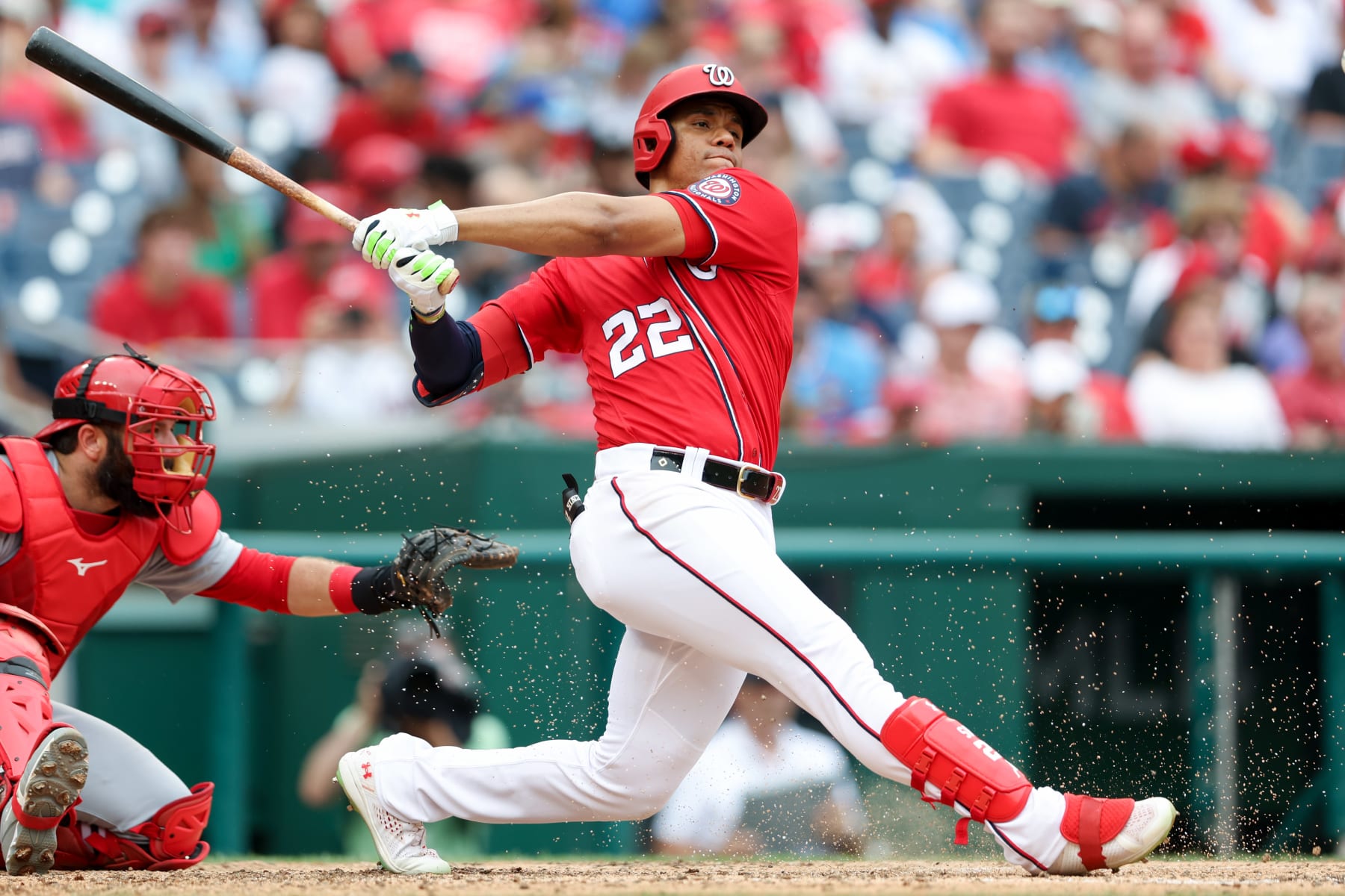 WASHINGTON, DC - JULY 31: Juan Soto #22 of the Washington Nationals bats during the game between the St. Louis Cardinals and the Washington Nationals at Nationals Park on Sunday, July 31, 2022 in Washington, District of Columbia. (Photo by Rob Tringali/MLB Photos via Getty Images)