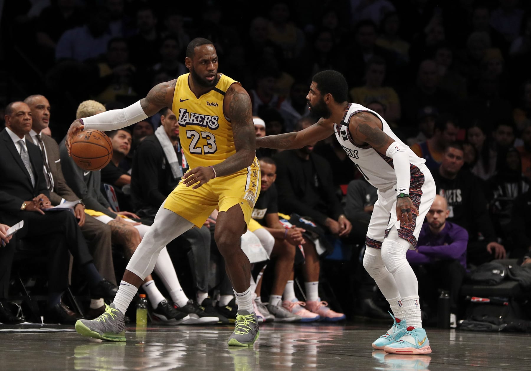NEW YORK, NEW YORK - JANUARY 23: (NEW YORK DAILIES OUT) LeBron James #23 of the Los Angeles Lakers in action against Kyrie Irving #11 of the Brooklyn Nets at Barclays Center on January 23, 2020 in New York City. The Lakers defeated the Nets 128-113. NOTE TO USER: User expressly acknowledges and agrees that, by downloading and or using this photograph, User is consenting to the terms and conditions of the Getty Images License Agreement. (Photo by Jim McIsaac/Getty Images)