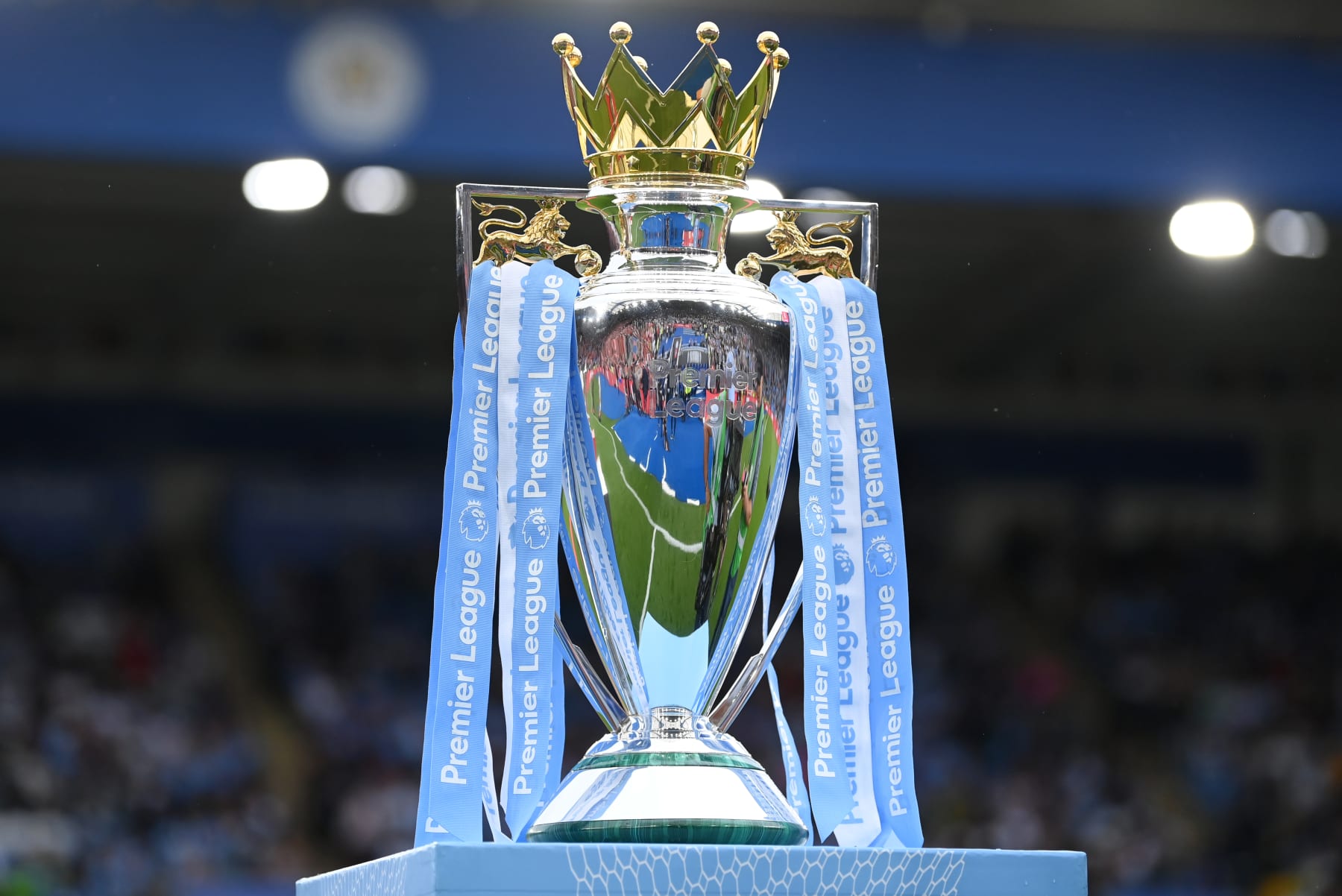 LEICESTER, ENGLAND - JULY 30: A detailed view of the Premier League trophy prior to kick off of The FA Community Shield between Manchester City and Liverpool FC at The King Power Stadium on July 30, 2022 in Leicester, England. (Photo by Michael Regan - The FA/The FA via Getty Images)