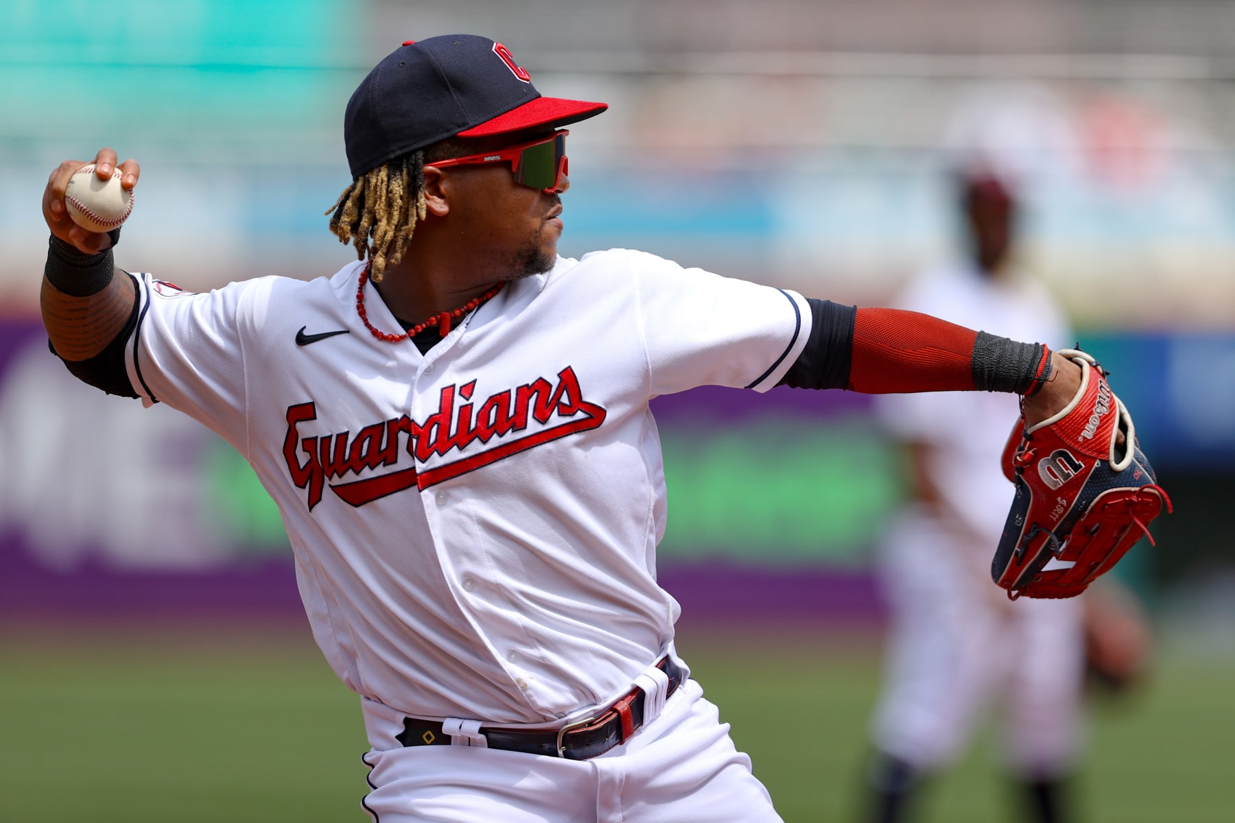 CLEVELAND, OH - AUGUST 07: Cleveland Guardians third baseman Jose Ramirez (11) throws to first base for an out during the third inning of the Major League Baseball game between the Houston Astros and Cleveland Guardians on August 7, 2022, at Progressive Field in Cleveland, OH. (Photo by Frank Jansky/Icon Sportswire via Getty Images)