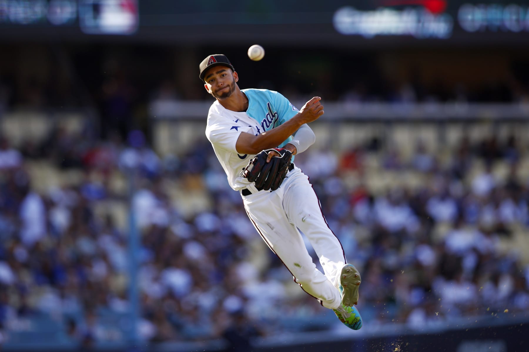 LOS ANGELES, CALIFORNIA - JULY 16: Jordan Lawlar #1 of the National League throws for the third out in the fourth inning during the SiriusXM All-Star Futures Game against the American League at Dodger Stadium on July 16, 2022 in Los Angeles, California. (Photo by Ronald Martinez/Getty Images)